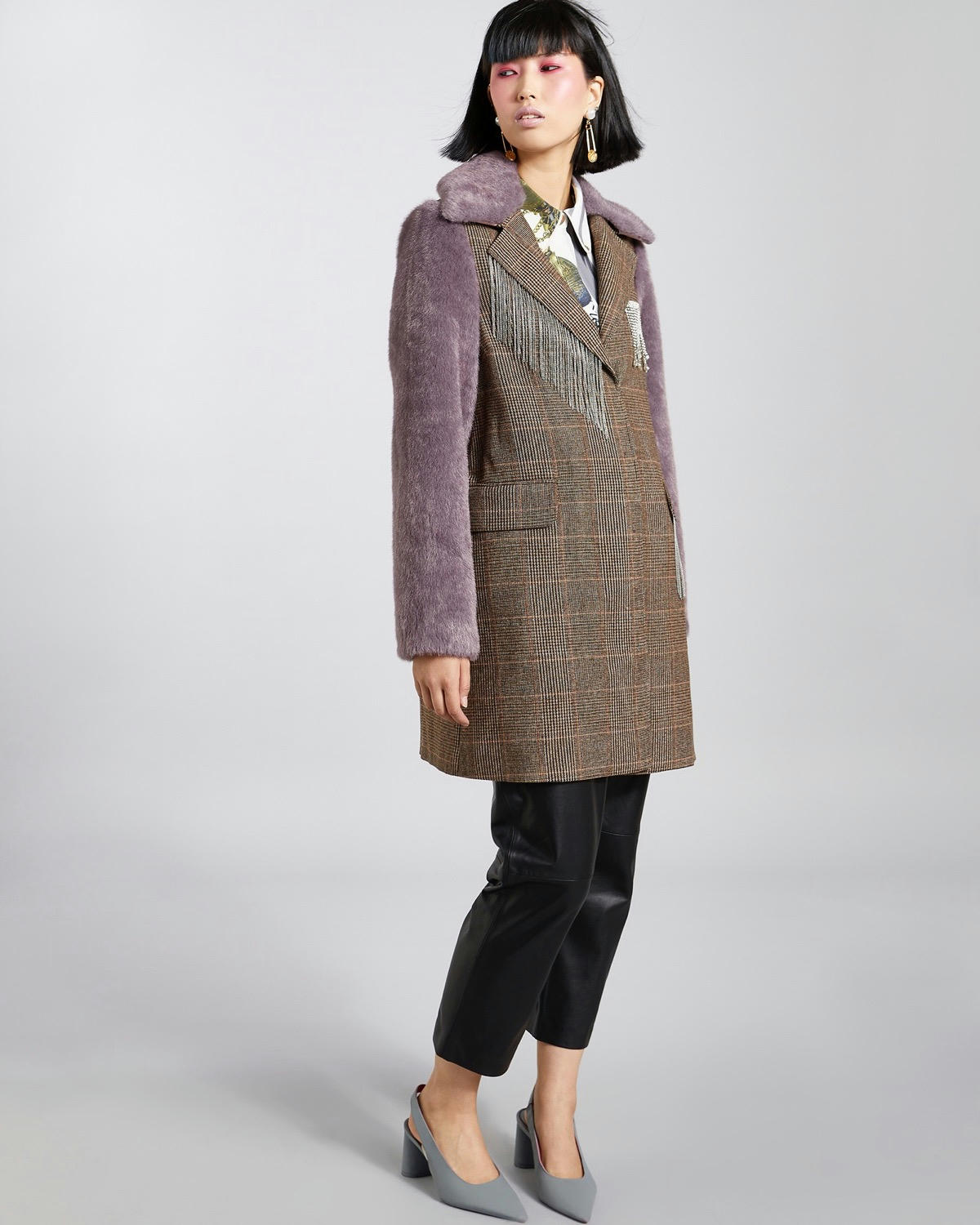 Joanne Hynes Faux Fur and Check Jacket With Removable Collar and Rhinestone Trim