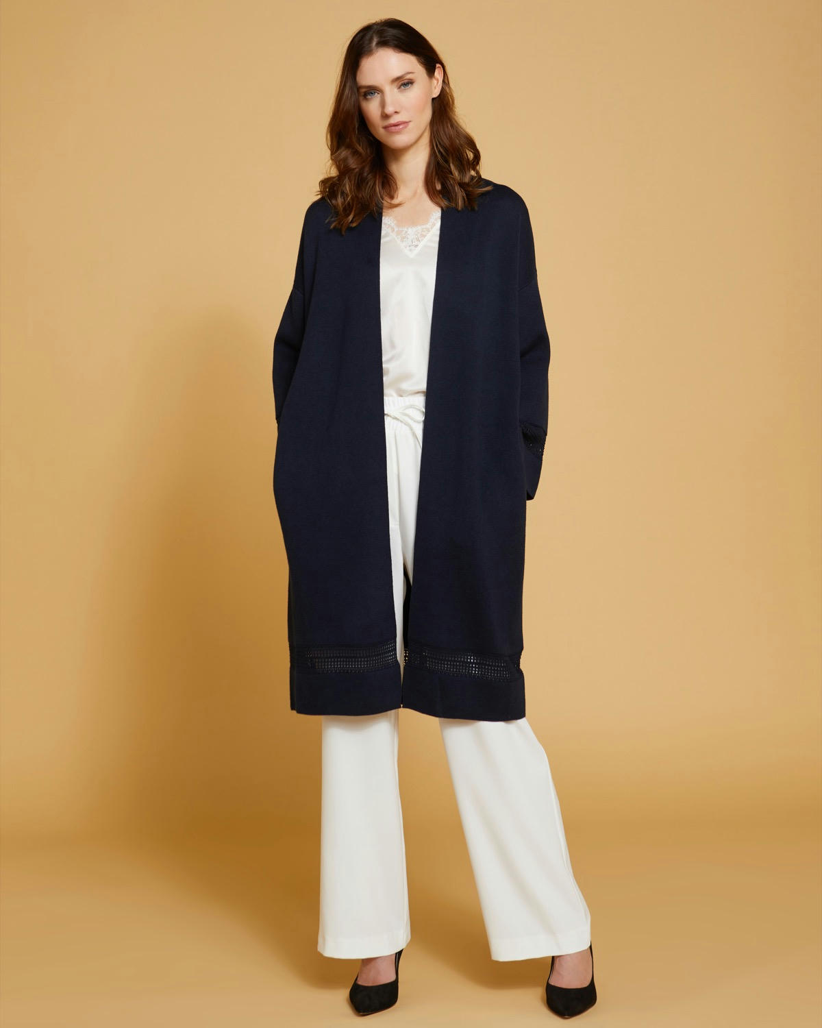 Paul Costelloe Living Studio Navy Cotton and Merino Wool-Blend Cardigan