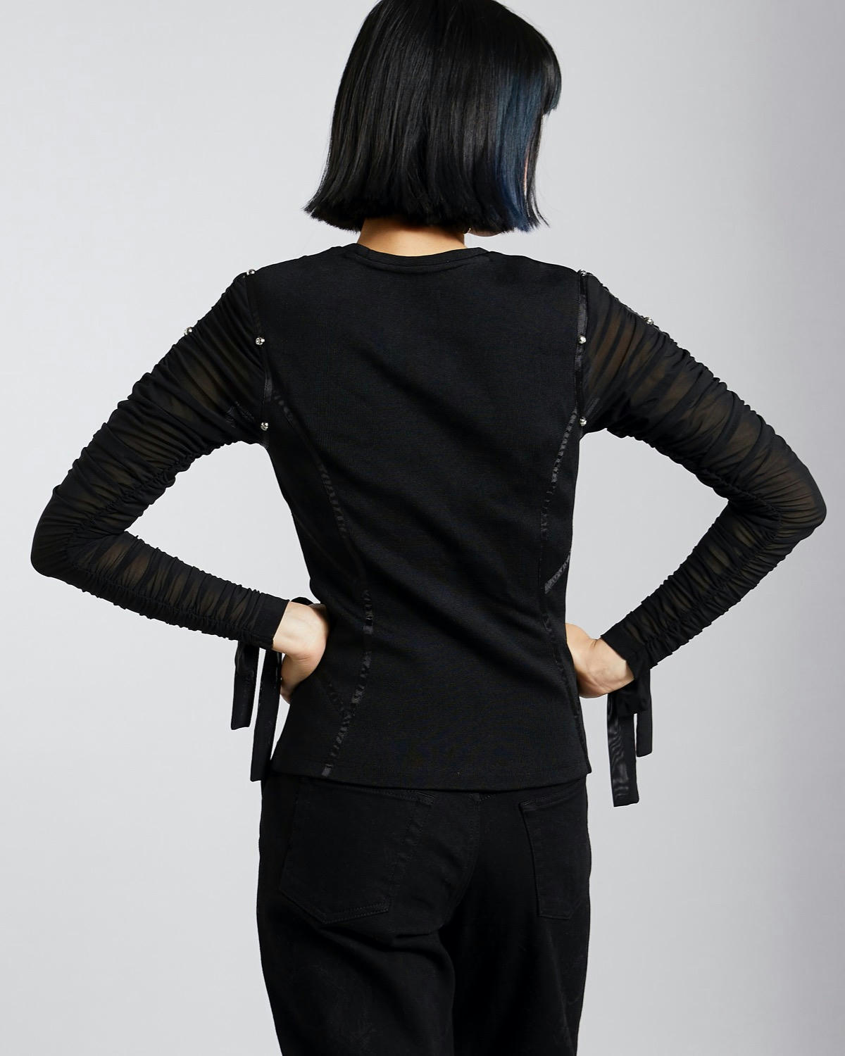 Joanne Hynes Rib Top With Studded Ruched Sleeves