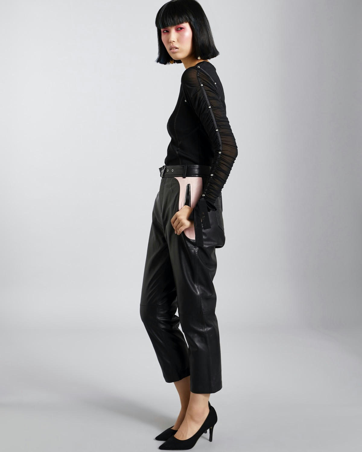 Joanne Hynes Rib Top With Studded Ruched Sleeves