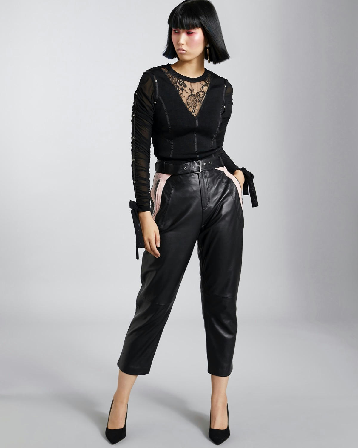 Joanne Hynes Rib Top With Studded Ruched Sleeves