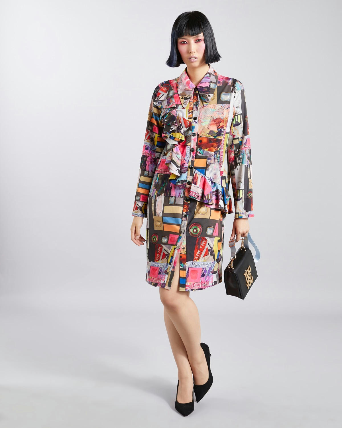 Joanne Hynes Printed Shirt Dress With Stud And Ruffle Details