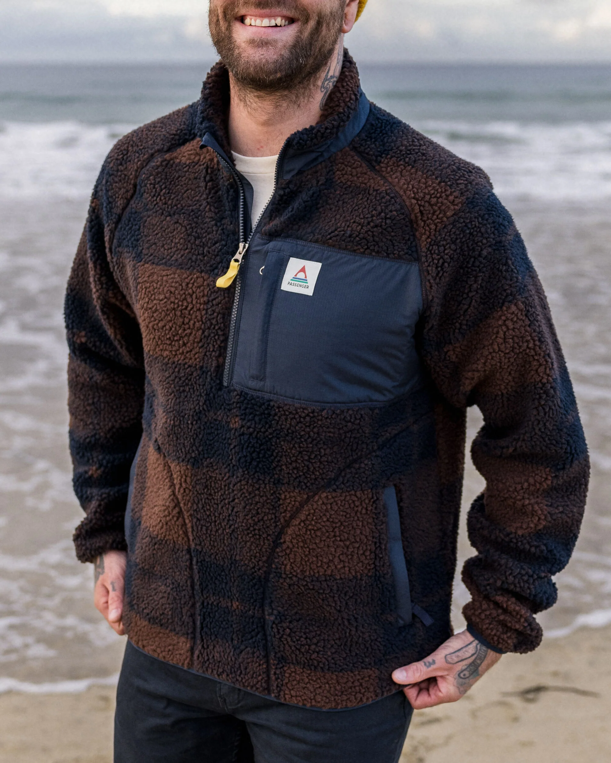 Offroad Recycled Sherpa 1/2 Zip Fleece - Chestnut/Deep Navy Check