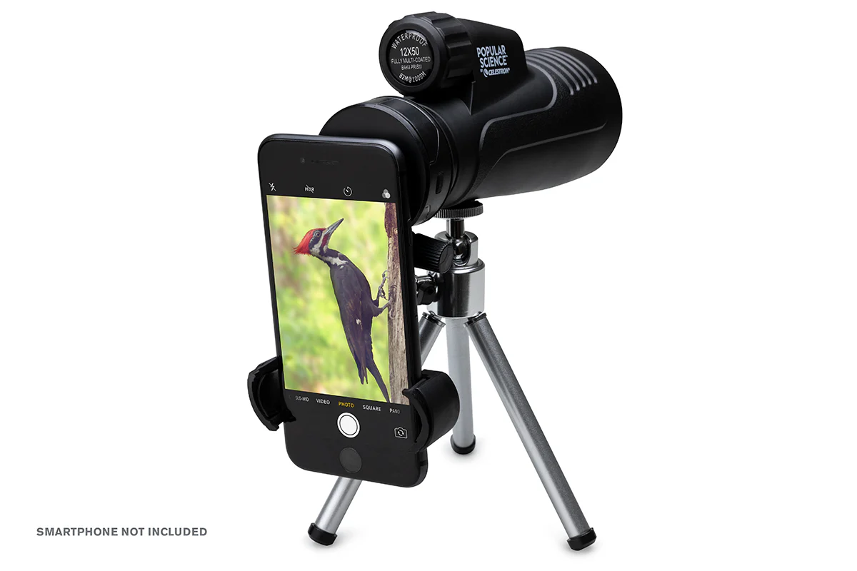 Popular Science by Celestron Outland X 12x50mm Monocular with Tripod, Smartphone Adapter, and Bluetooth remote