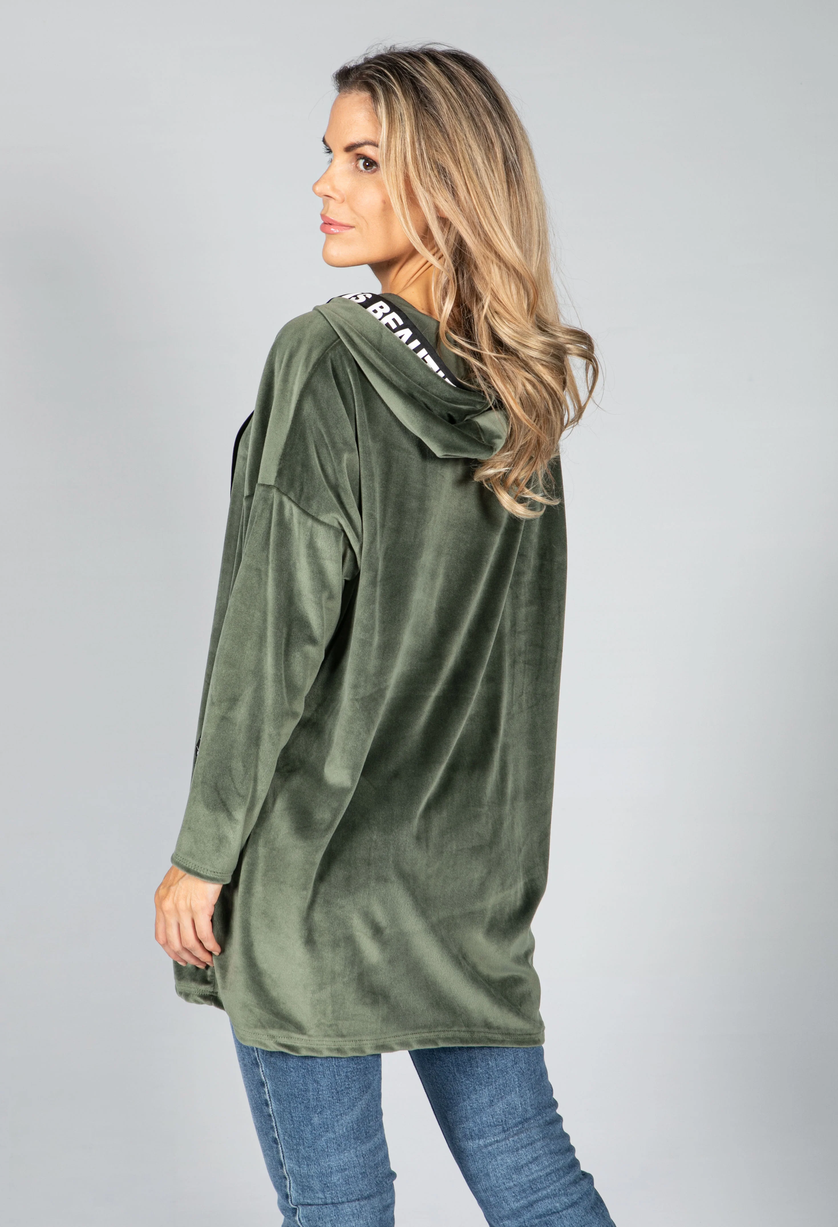 Velvet Logo Strap Hoodie in Khaki