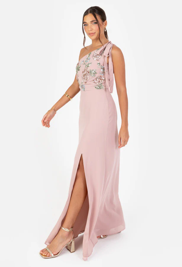 Floral Embellished Self-Tie One Shoulder Maxi Dress