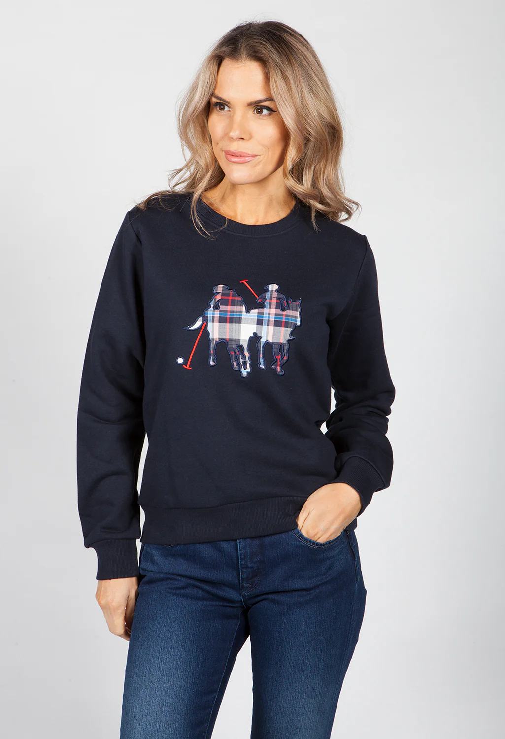 Navy Polo Check Print Sweatshirt