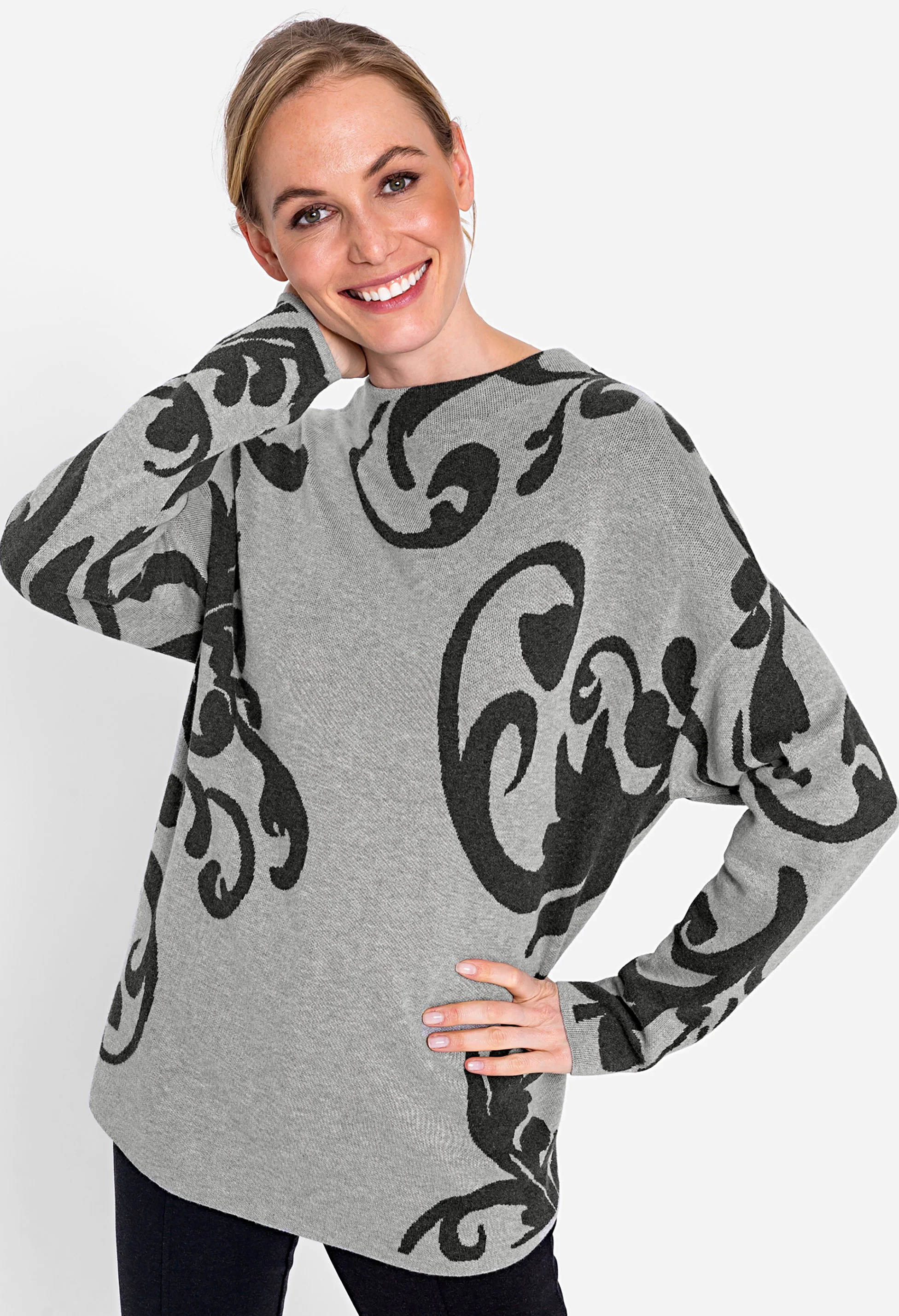 Cotton Blend Long Sleeve Funnel Neckl Intarsia Sweater