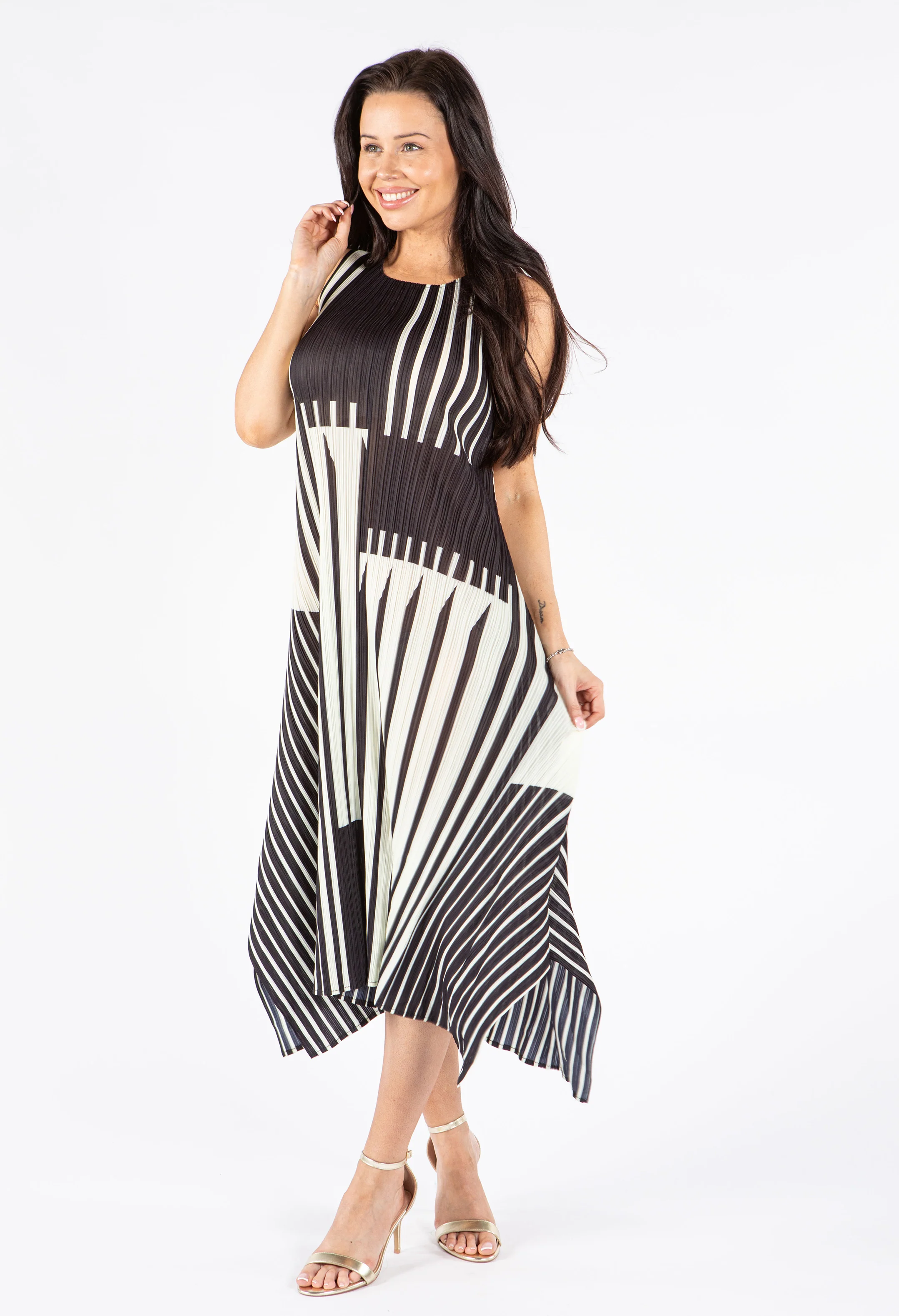 Pleated Stripe Midi Dress