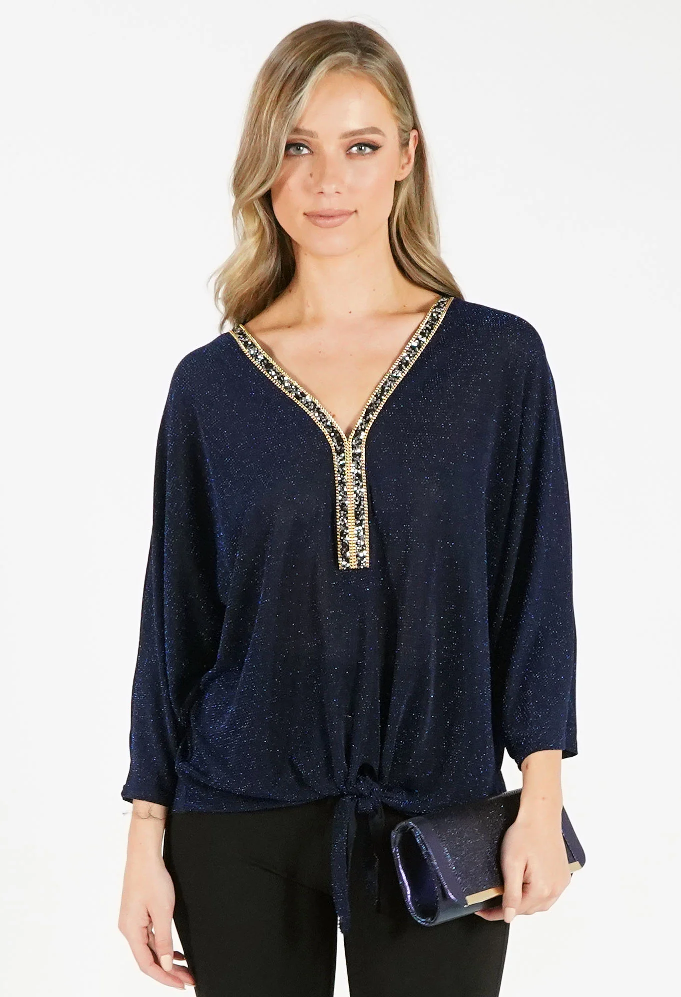 Blue Embellished Neckline Metallic Top