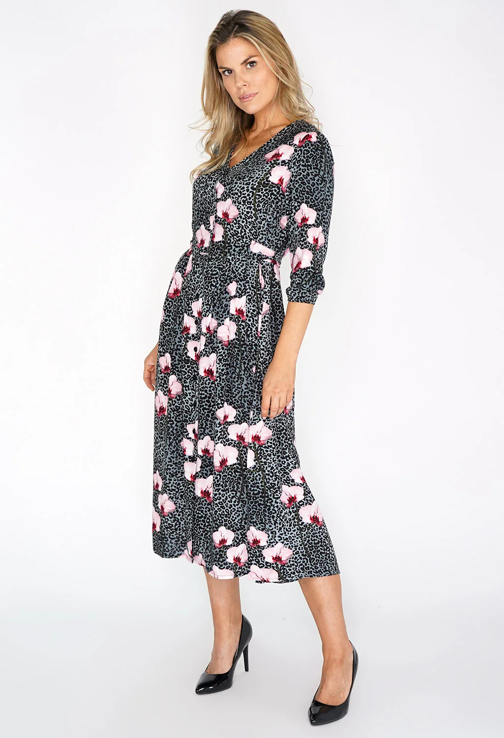 Grey Leopard and Floral Print Dress
