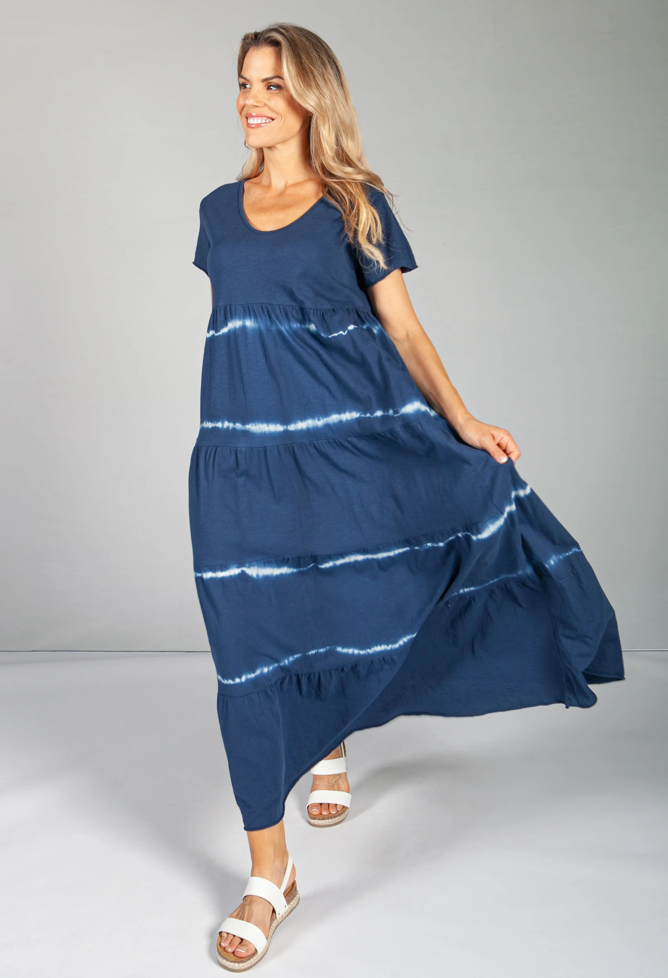 Tie Dye Tier Dress in Deep Sea Blue