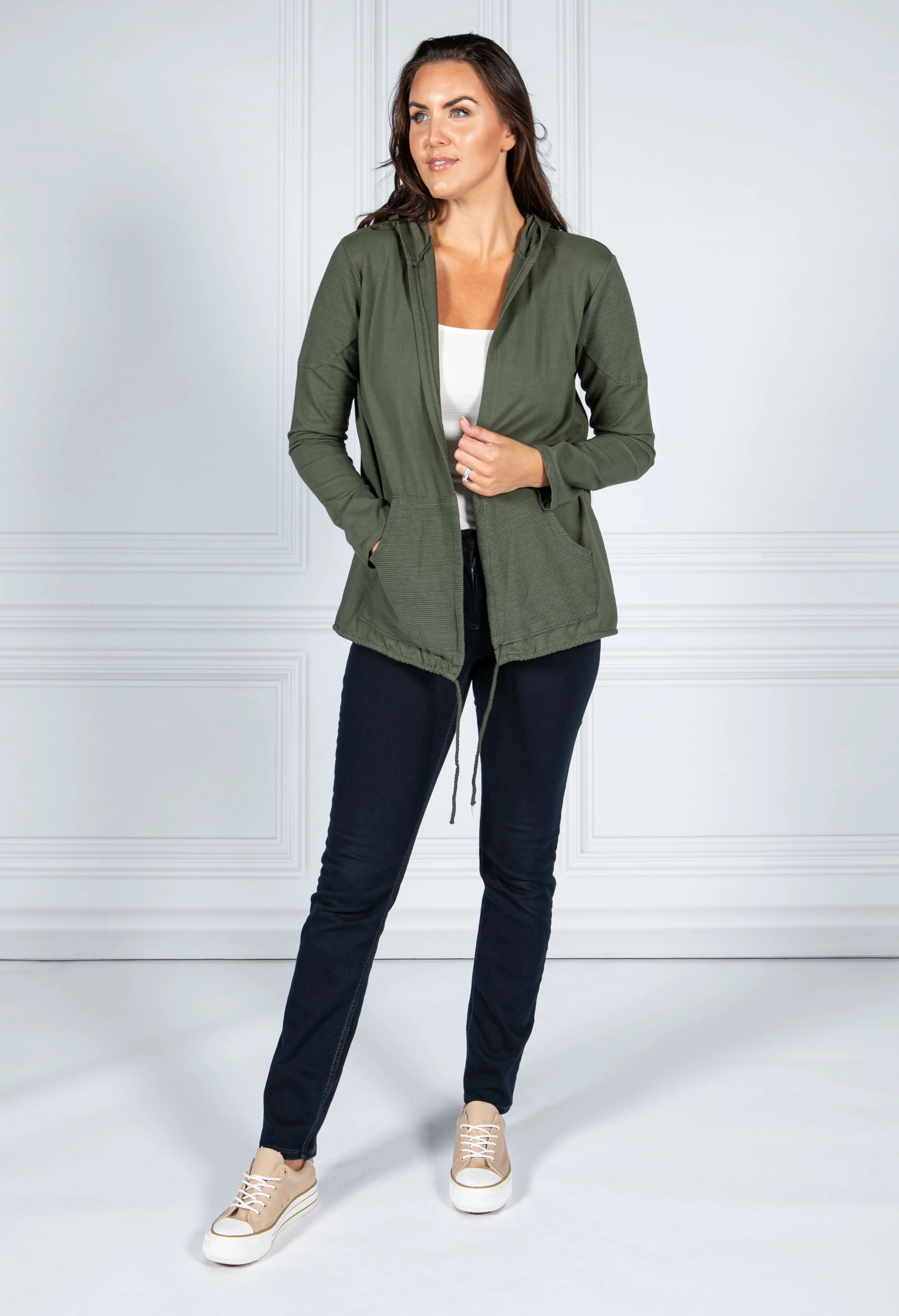 PAMELA SCOTT OPEN HOODED CARDIGAN KHAKI