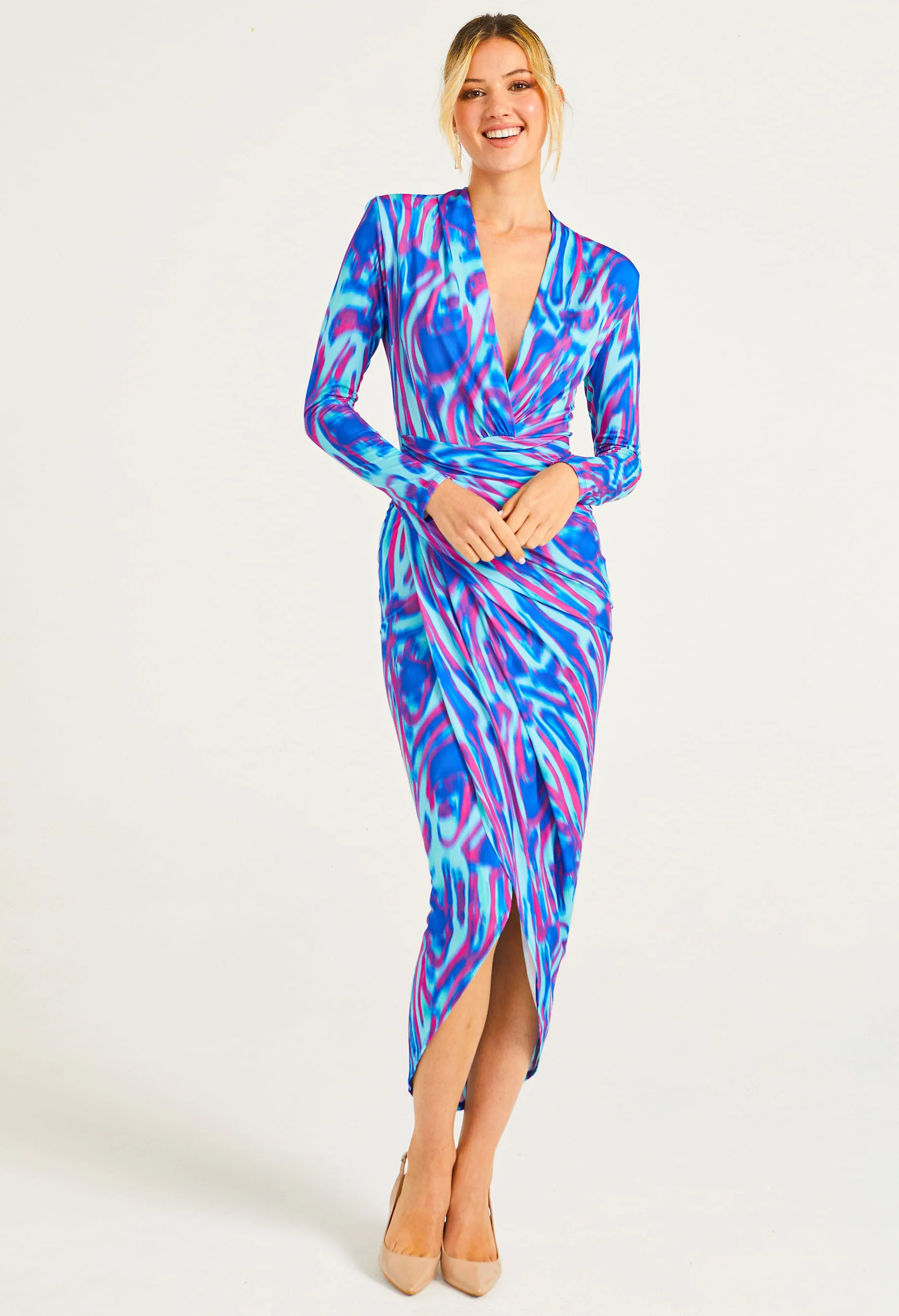 Plunge Neck Faux Wrap Print Midi Dress