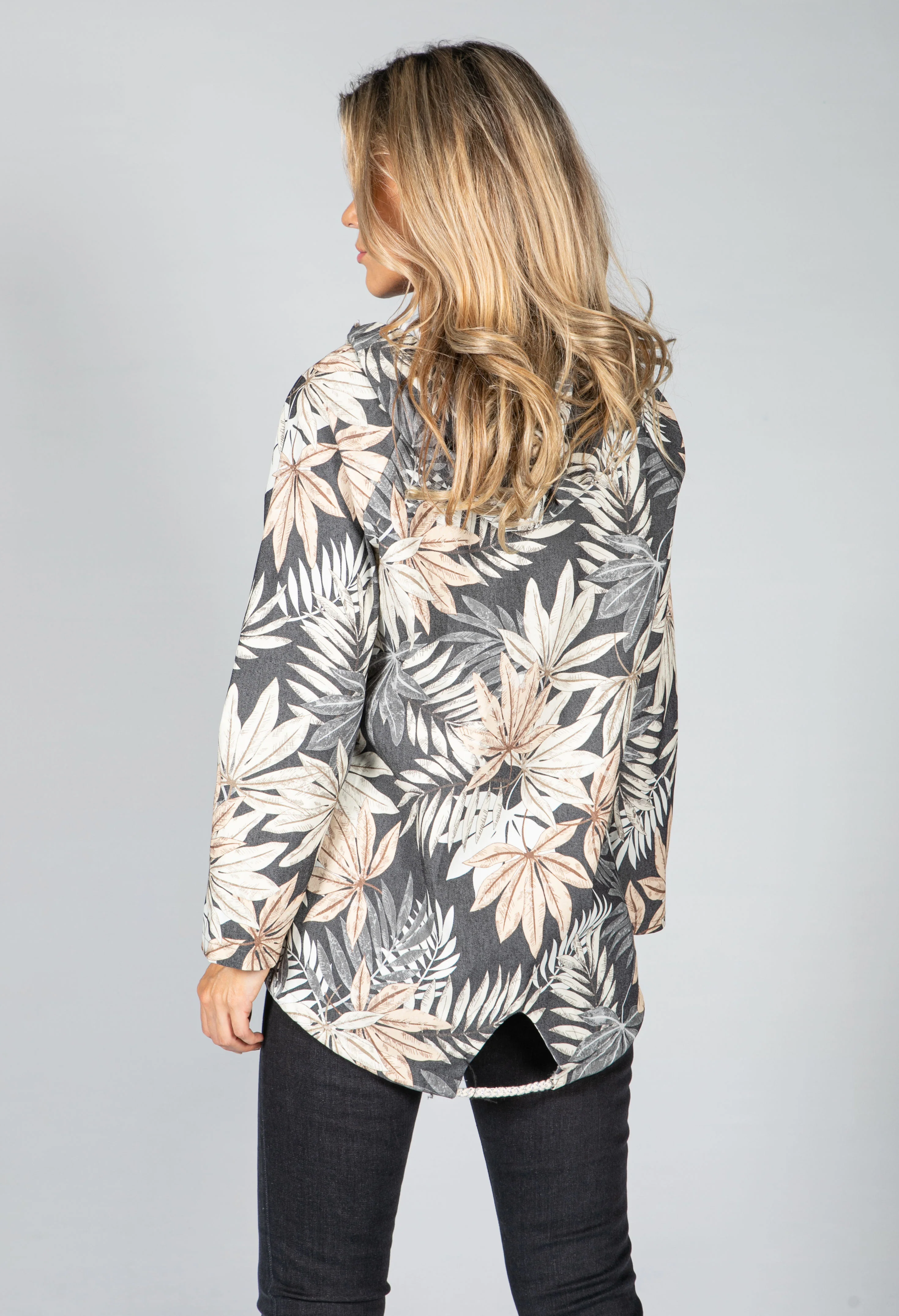 PAMELA SCOTT GREY PALM PRINT ZIP UP HOODIE
