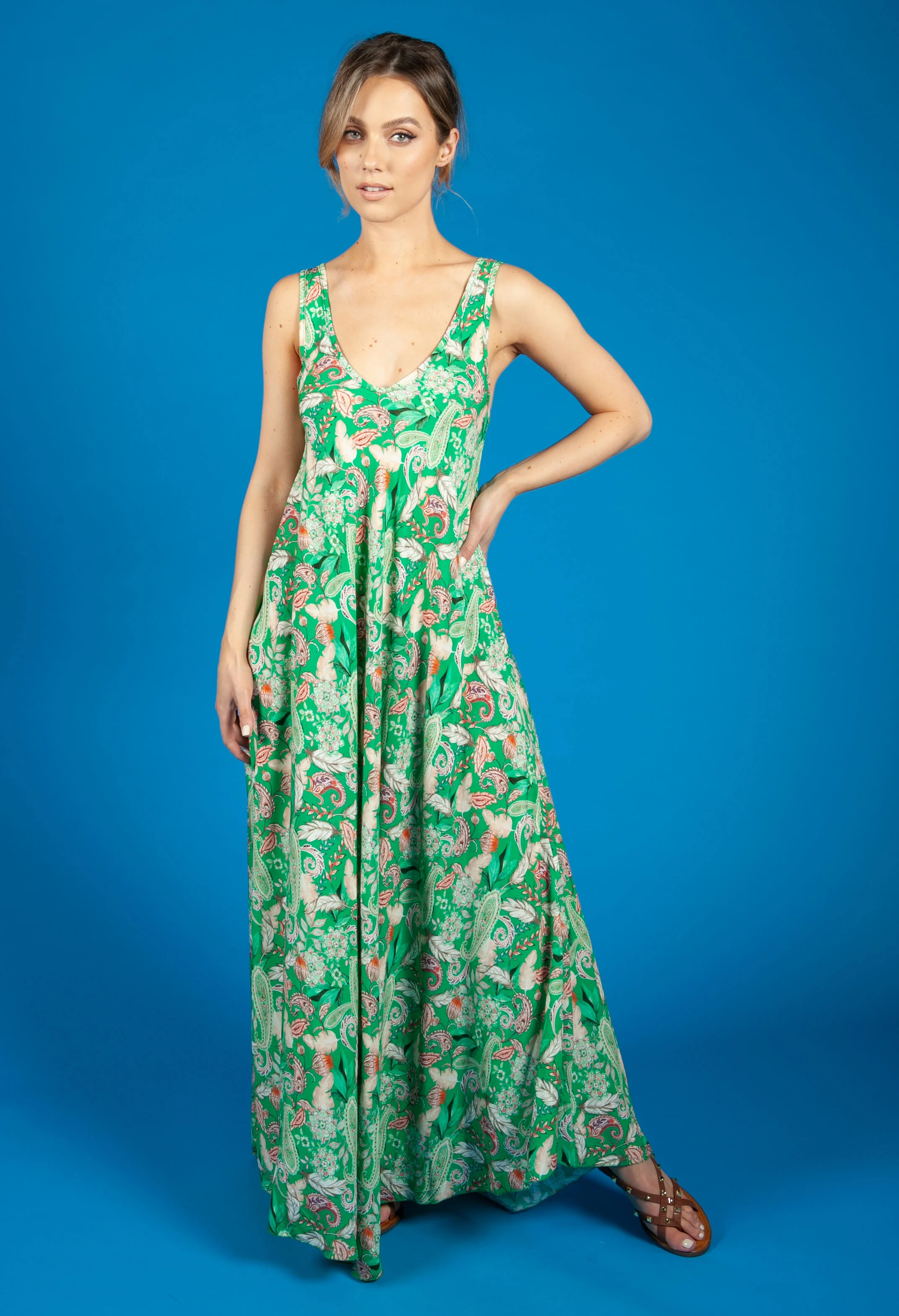 Vintage Print Summer Dress in Emerald Green