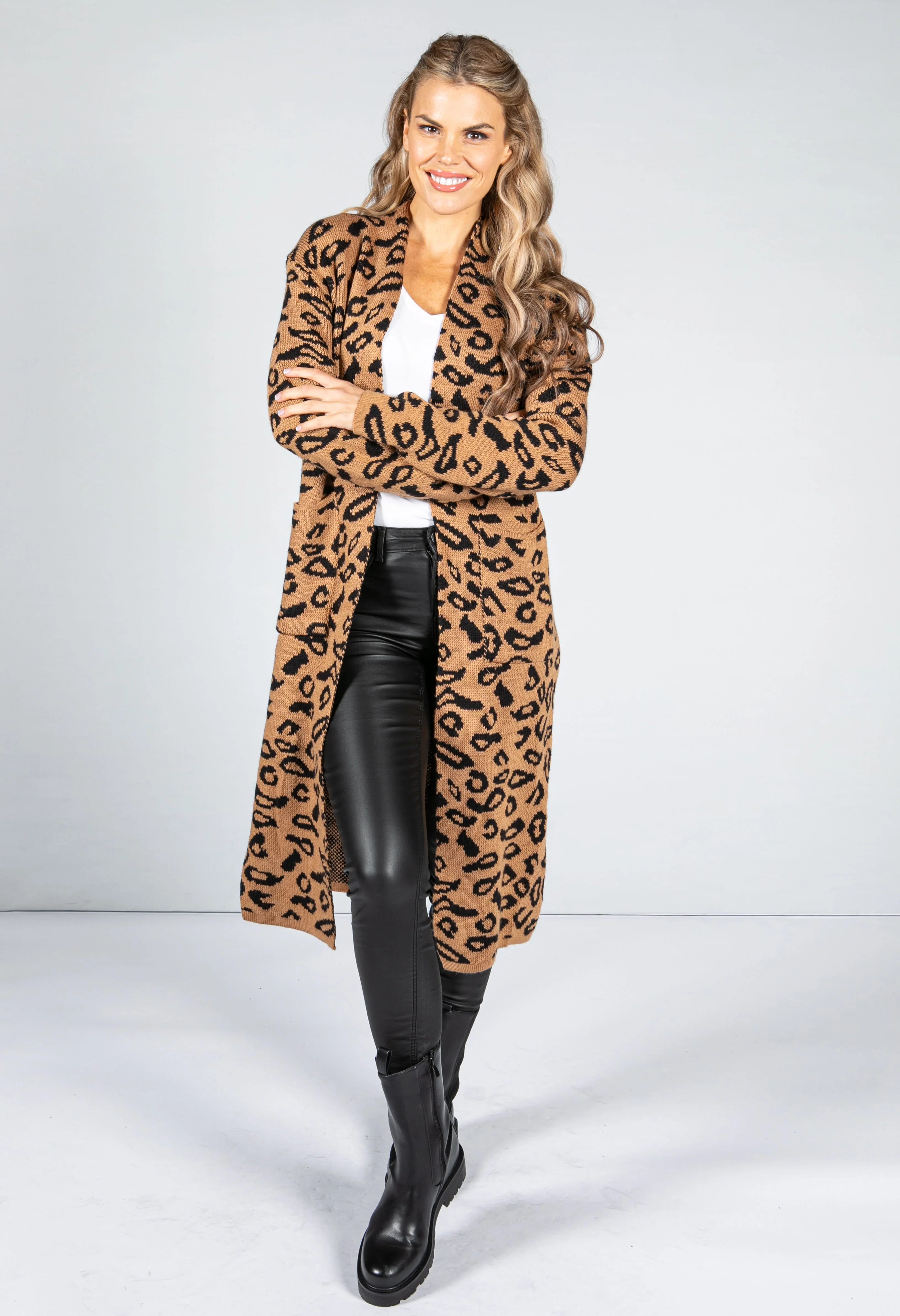 Leopard Design Long Cardi in Camel
