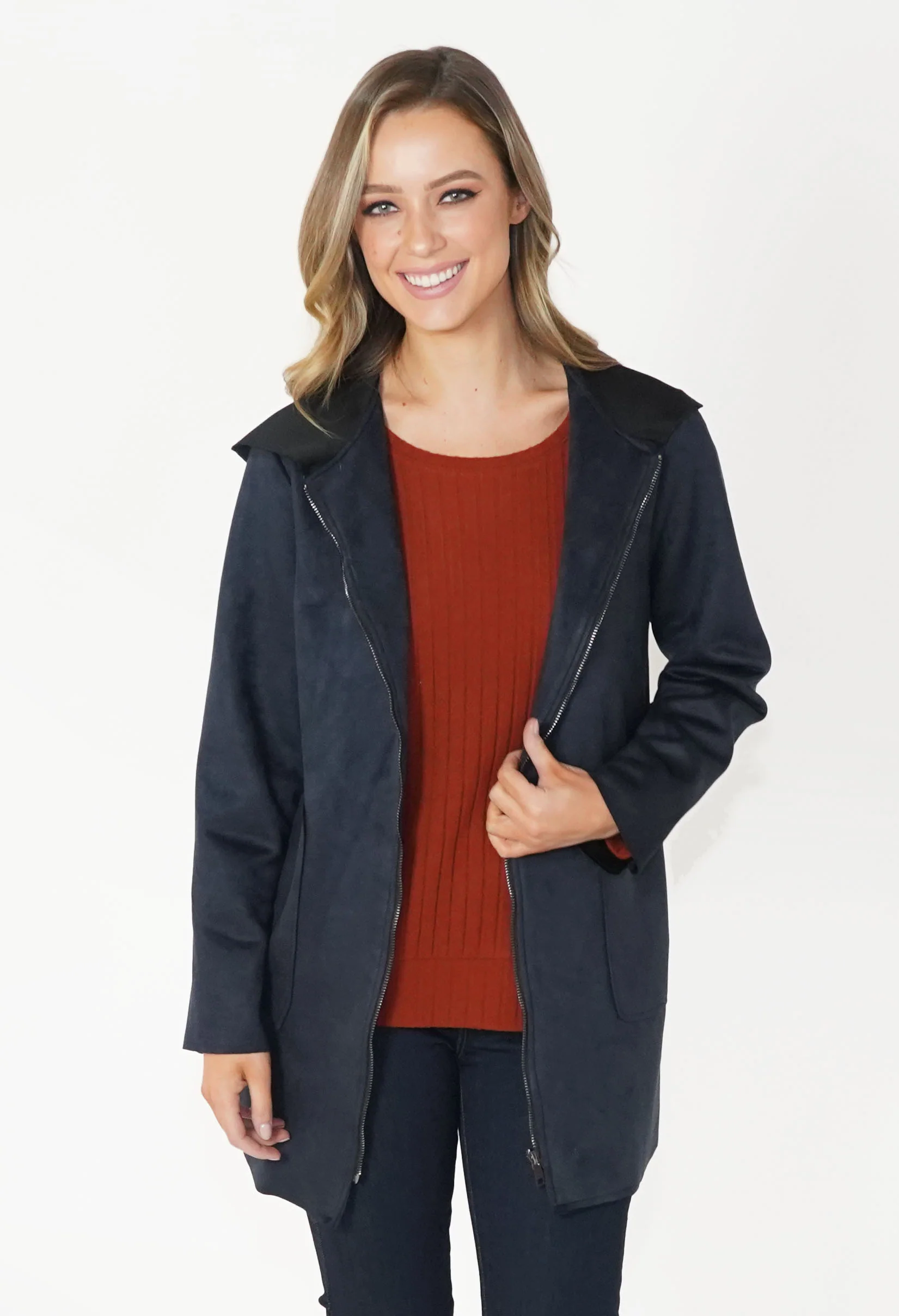 Navy Faux Suede Hooded Jacket