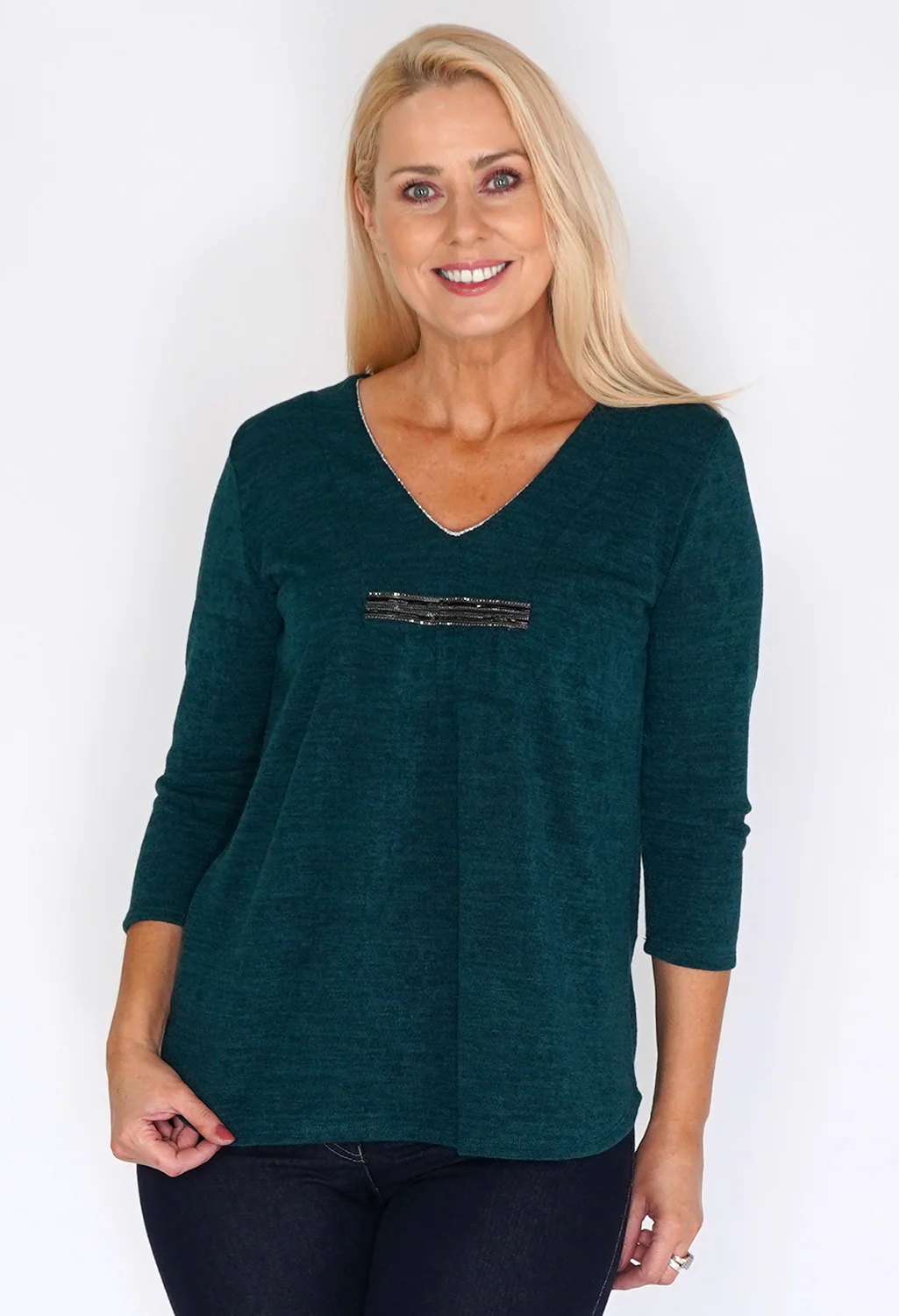 Sophie B Green Tunic Style Knit with Diamante Details