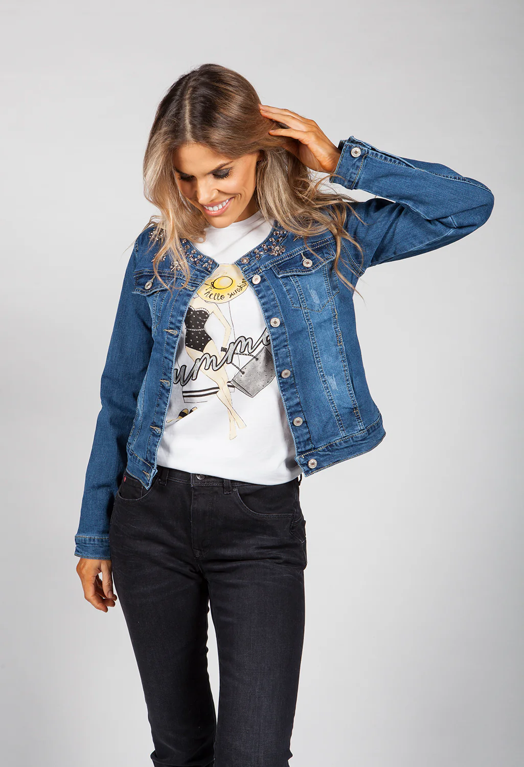 Denim Jacket with Gem Floral Details