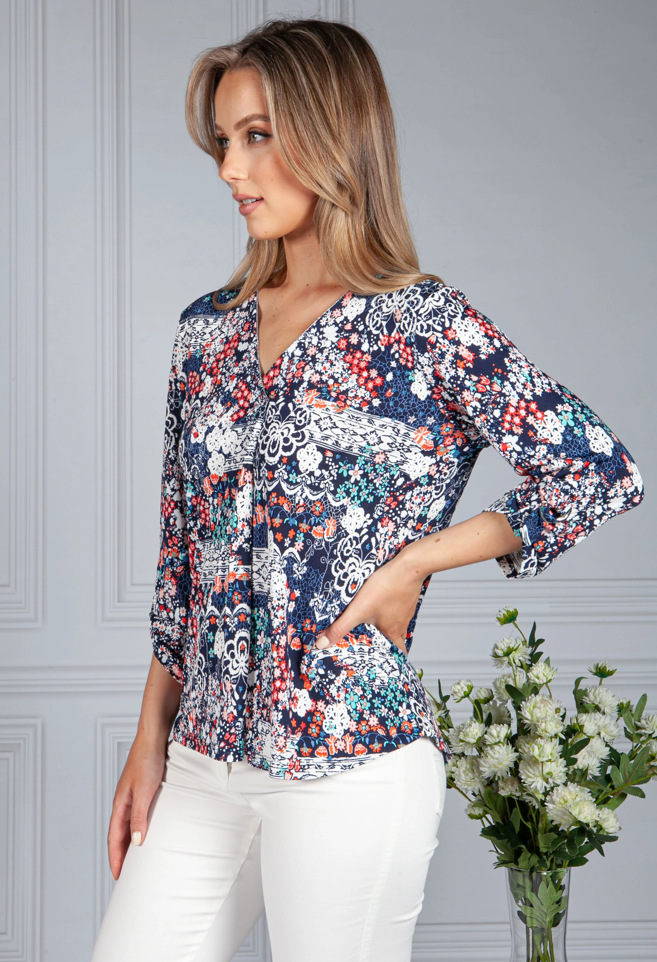 Textured Floral V-Neck Top