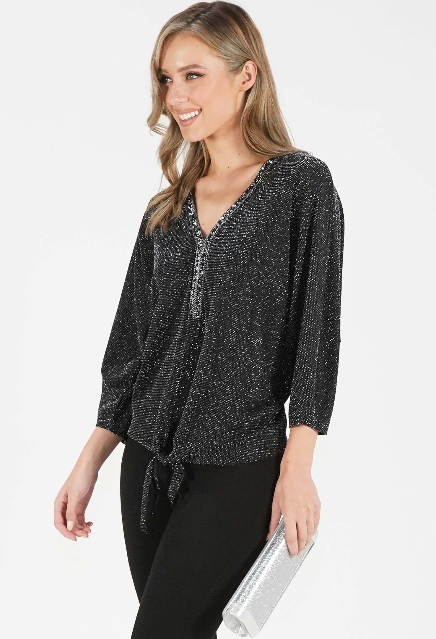 Black Metallic Top with Embellished Neckline