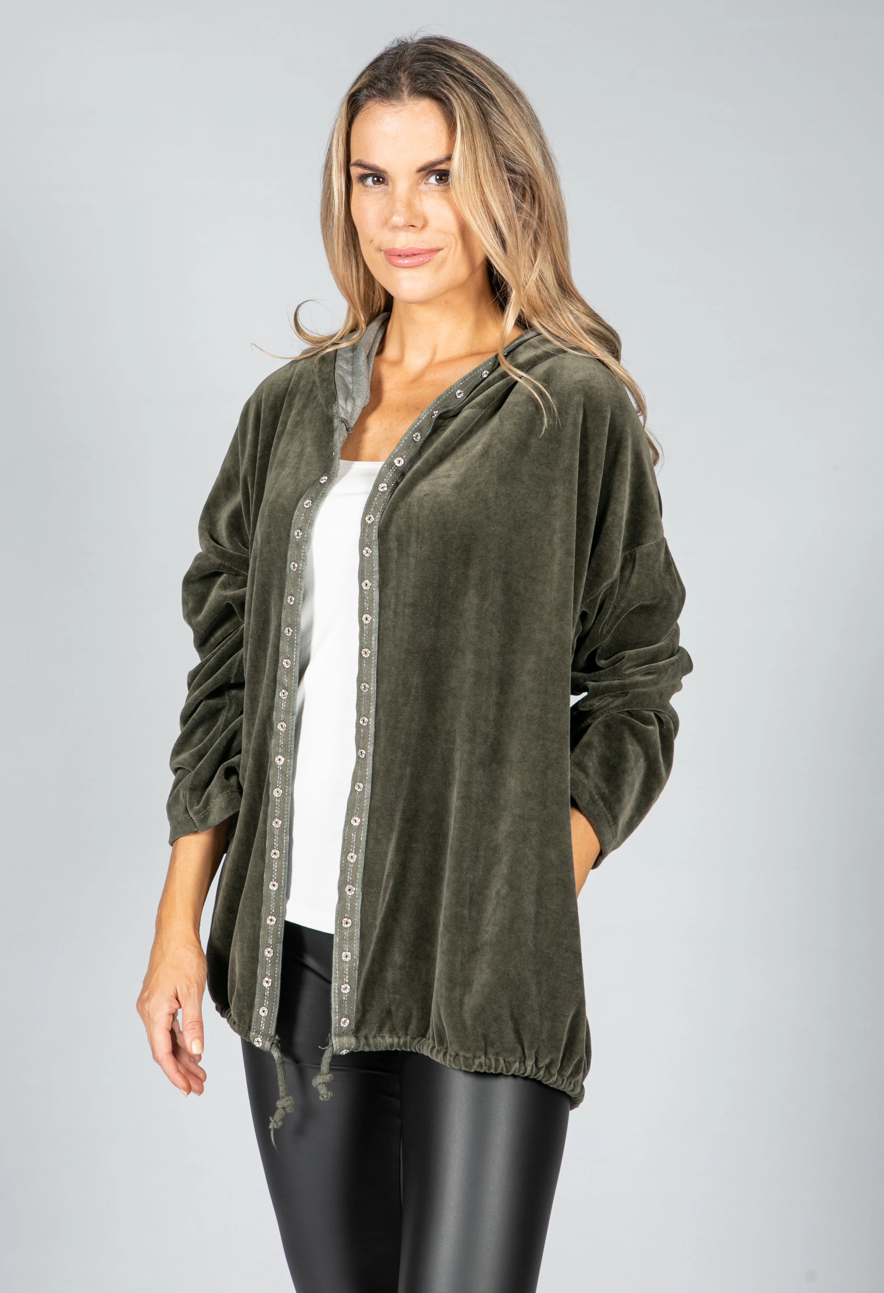 PAMELA SCOTT KHAKI VELVET OPEN HOODIE