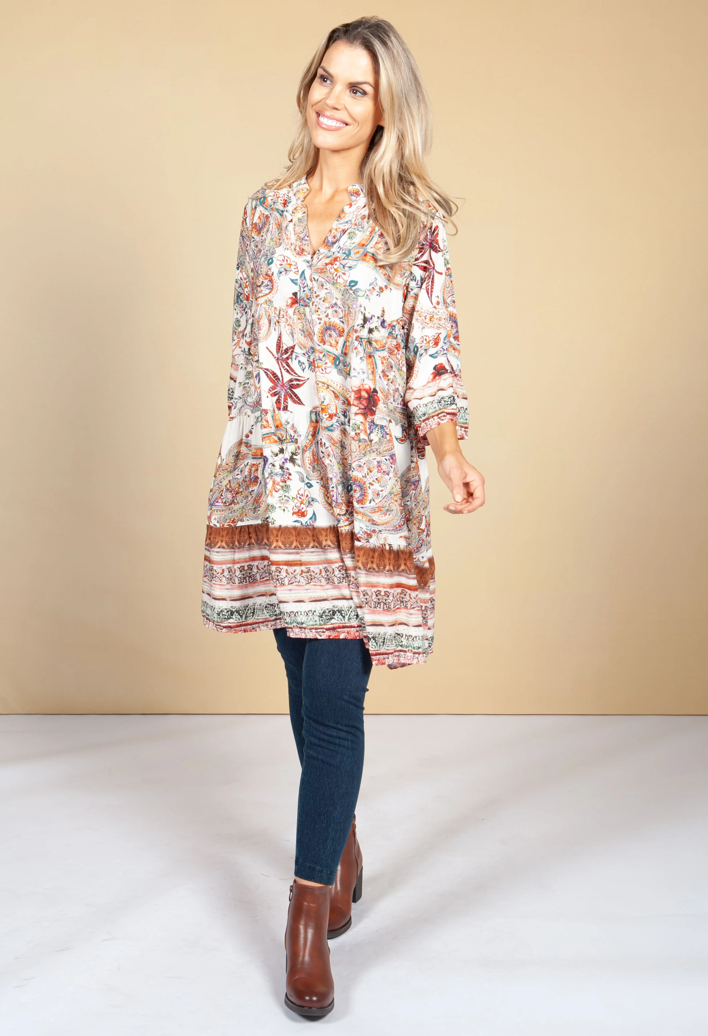 Tunic Style Dress in Cream Blossom