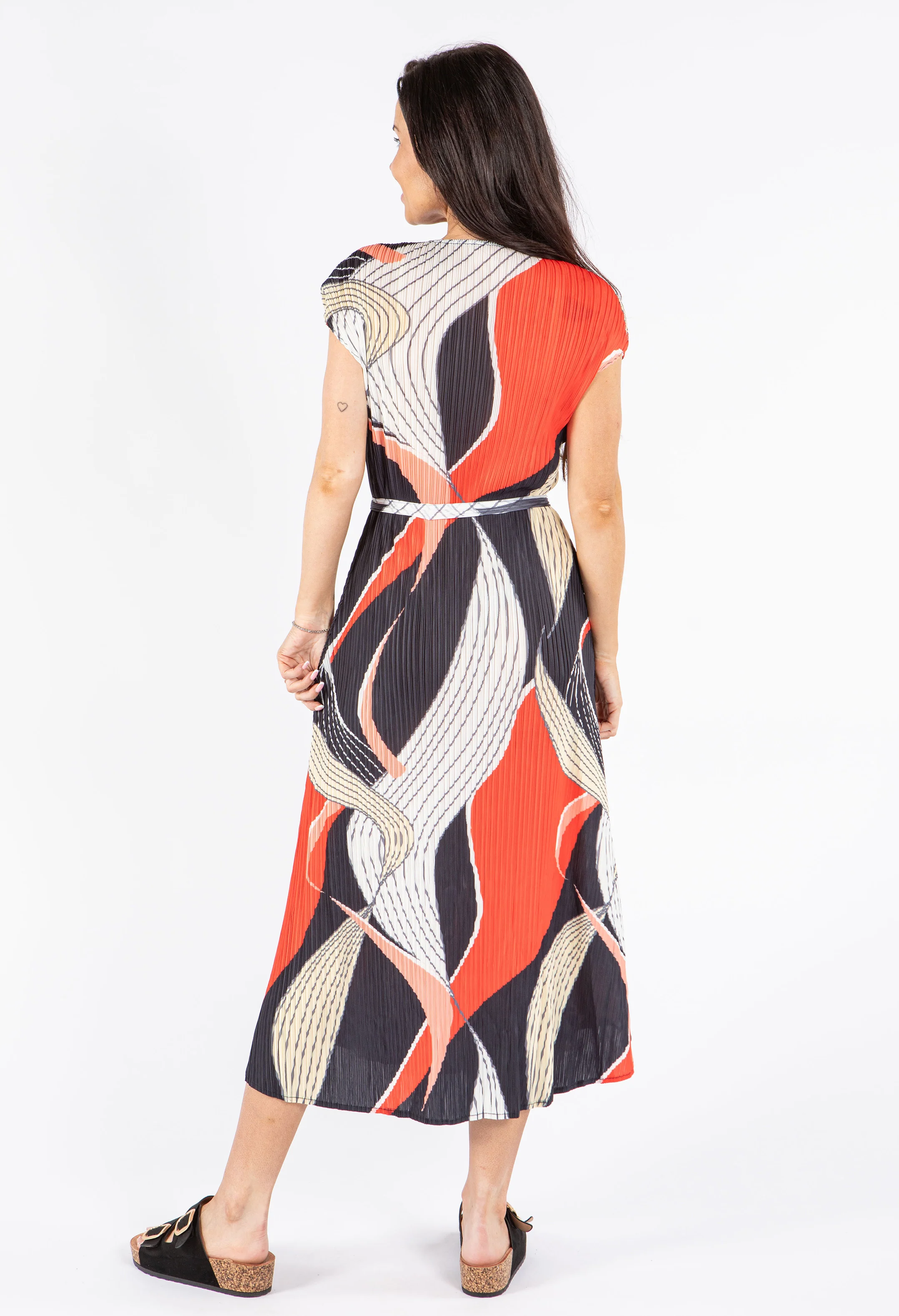 Pleated Abstract Print Midi Dress
