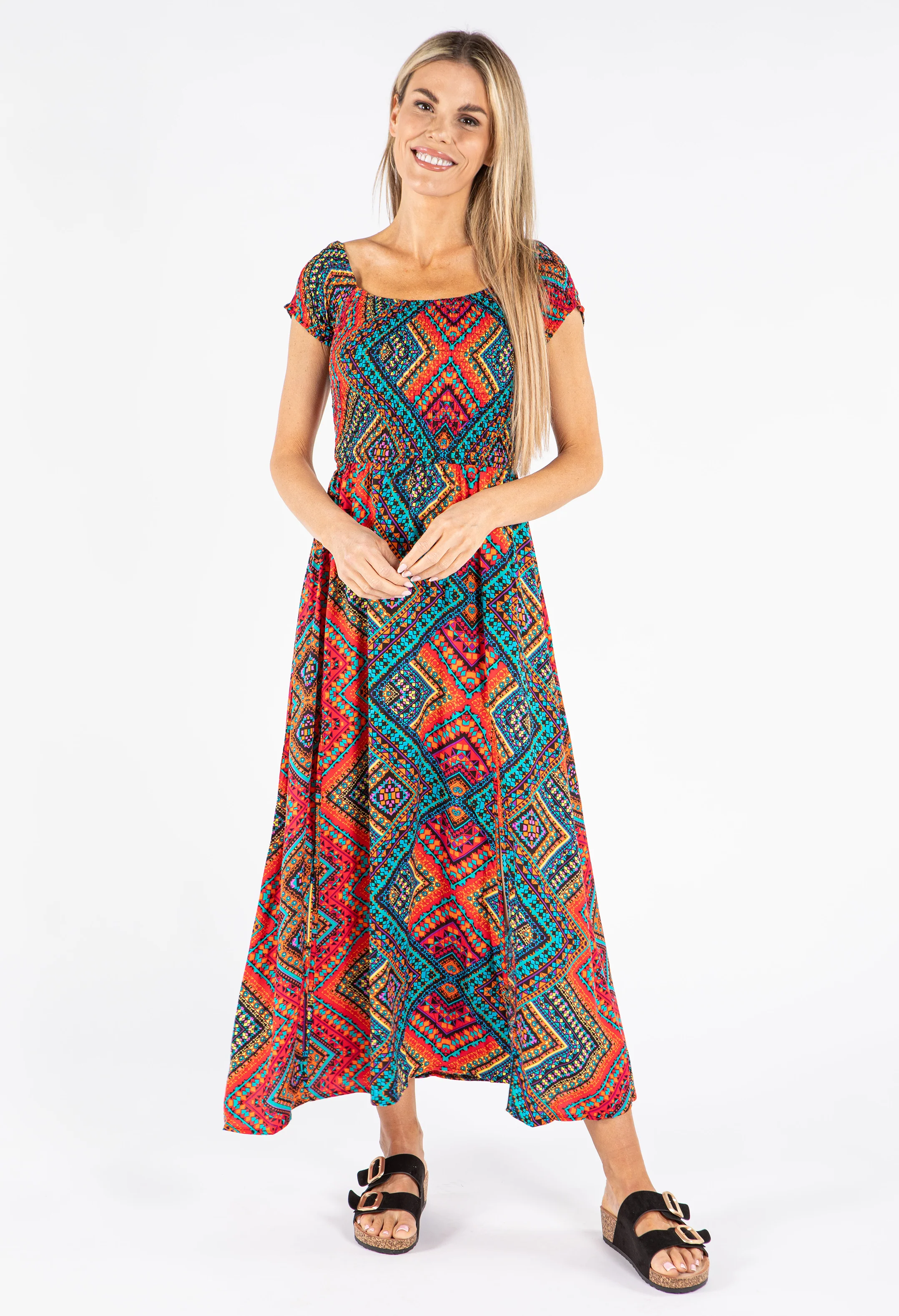 Smocking Bodice Aztec Print Dress