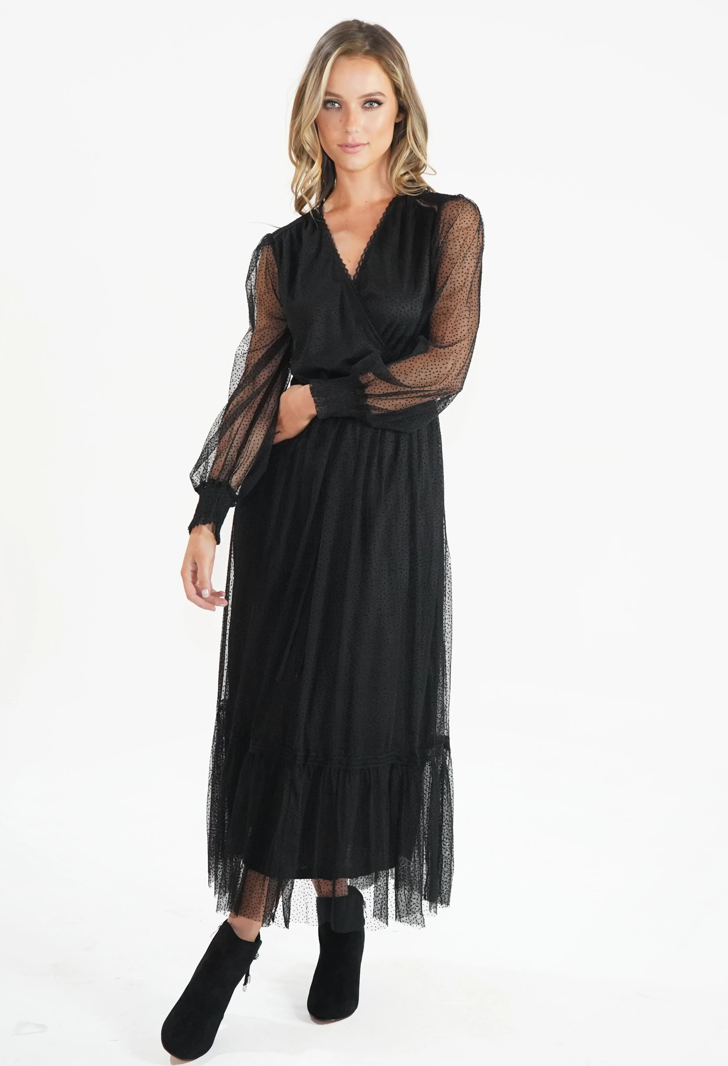 Black V Neck Mesh Detail Dress