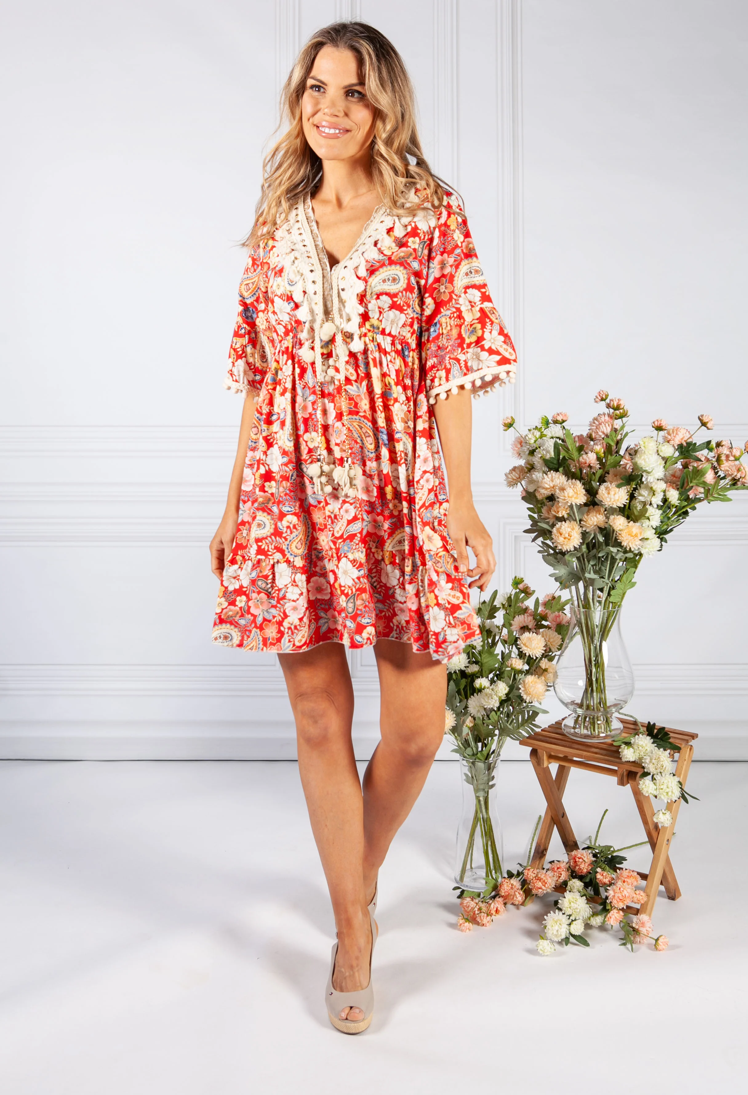Red Vintage Print Tassel Dress