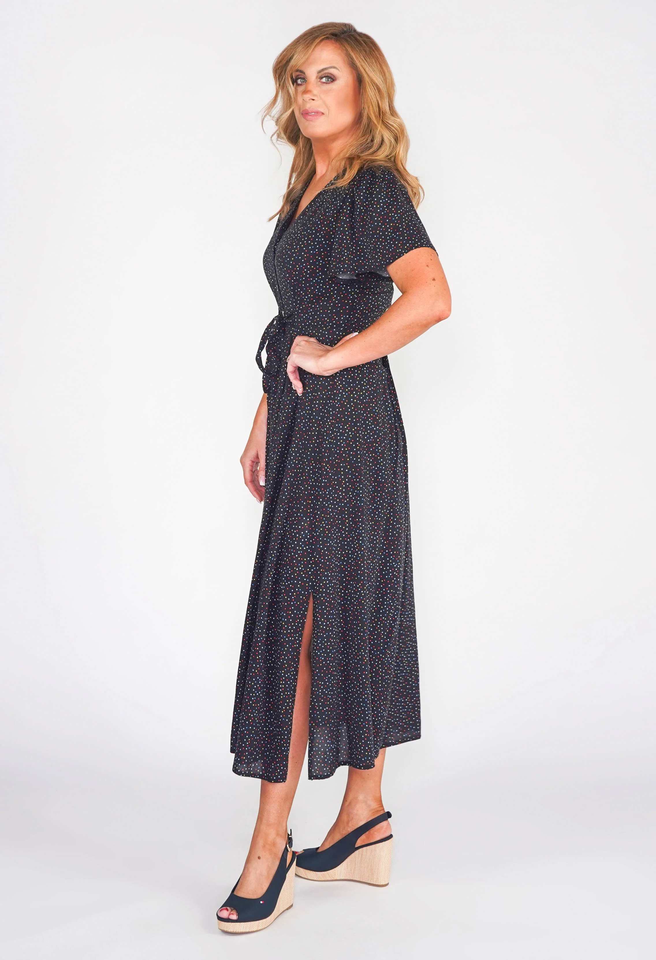 Retro Button Through Dress with Angel Sleeves