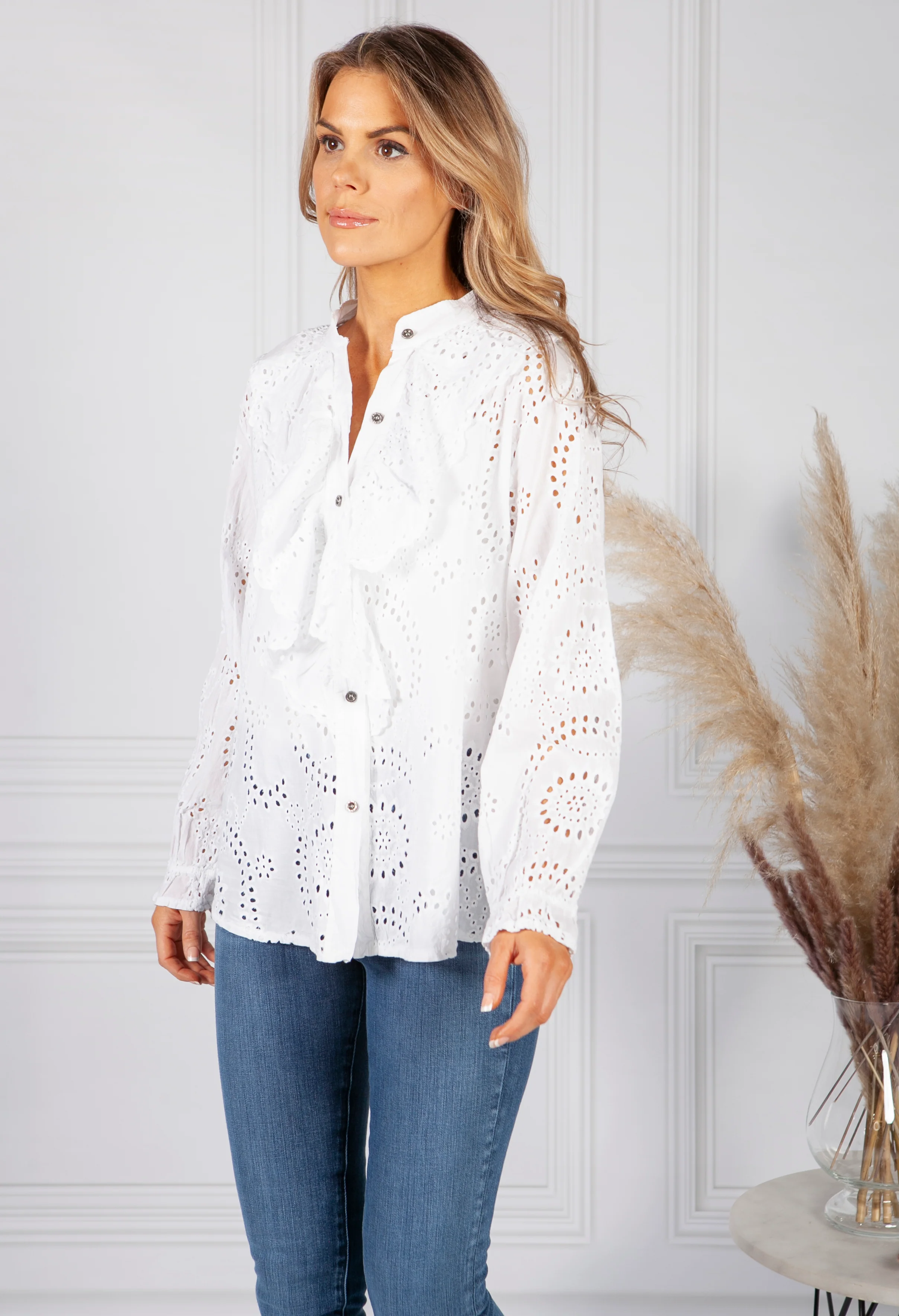 Ruffle Broderie Anglaise Blouse in White