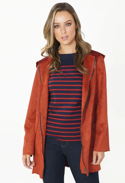 Rust Faux Suede Hooded Jacket
