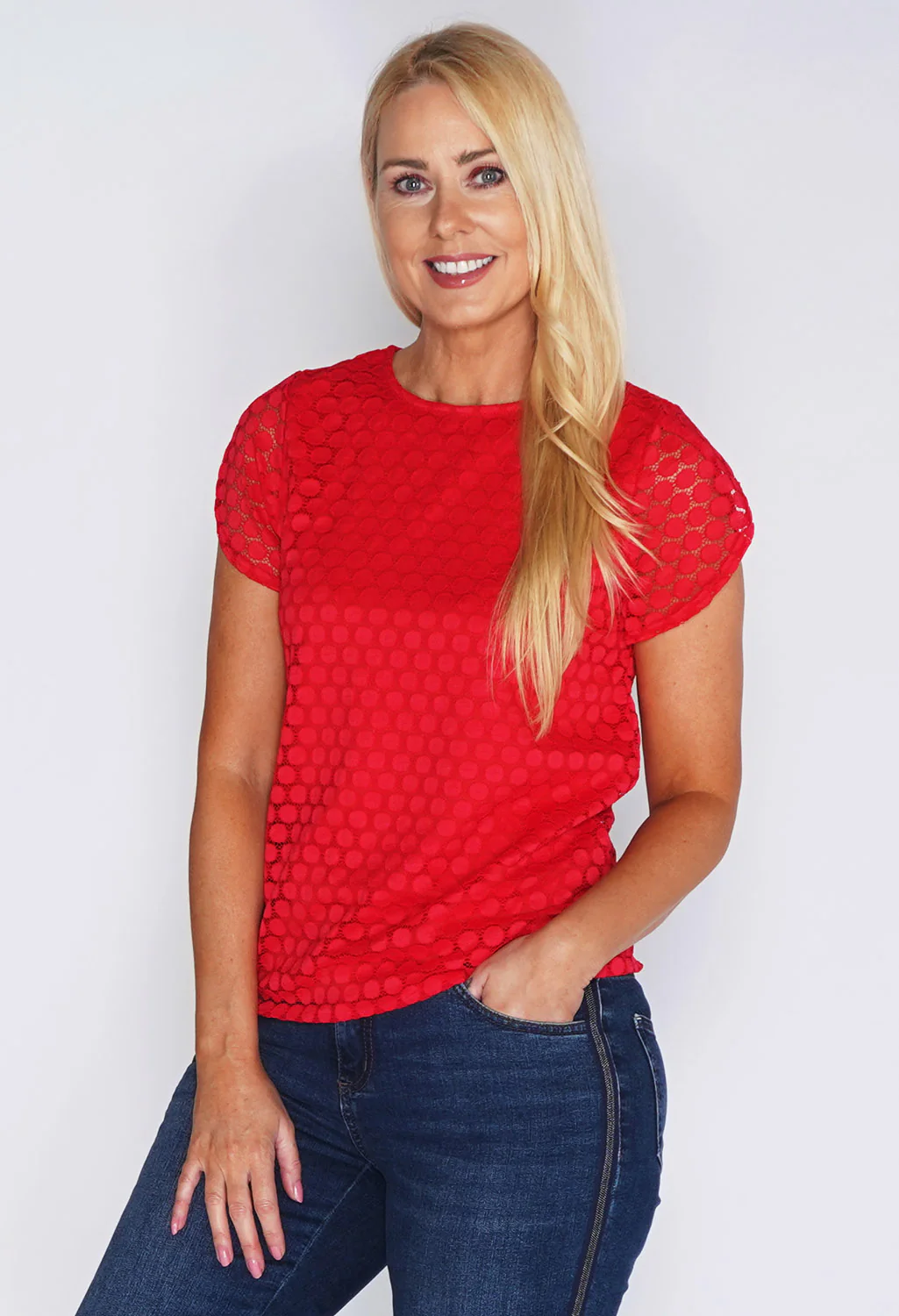 Red Lace Circle Print Top