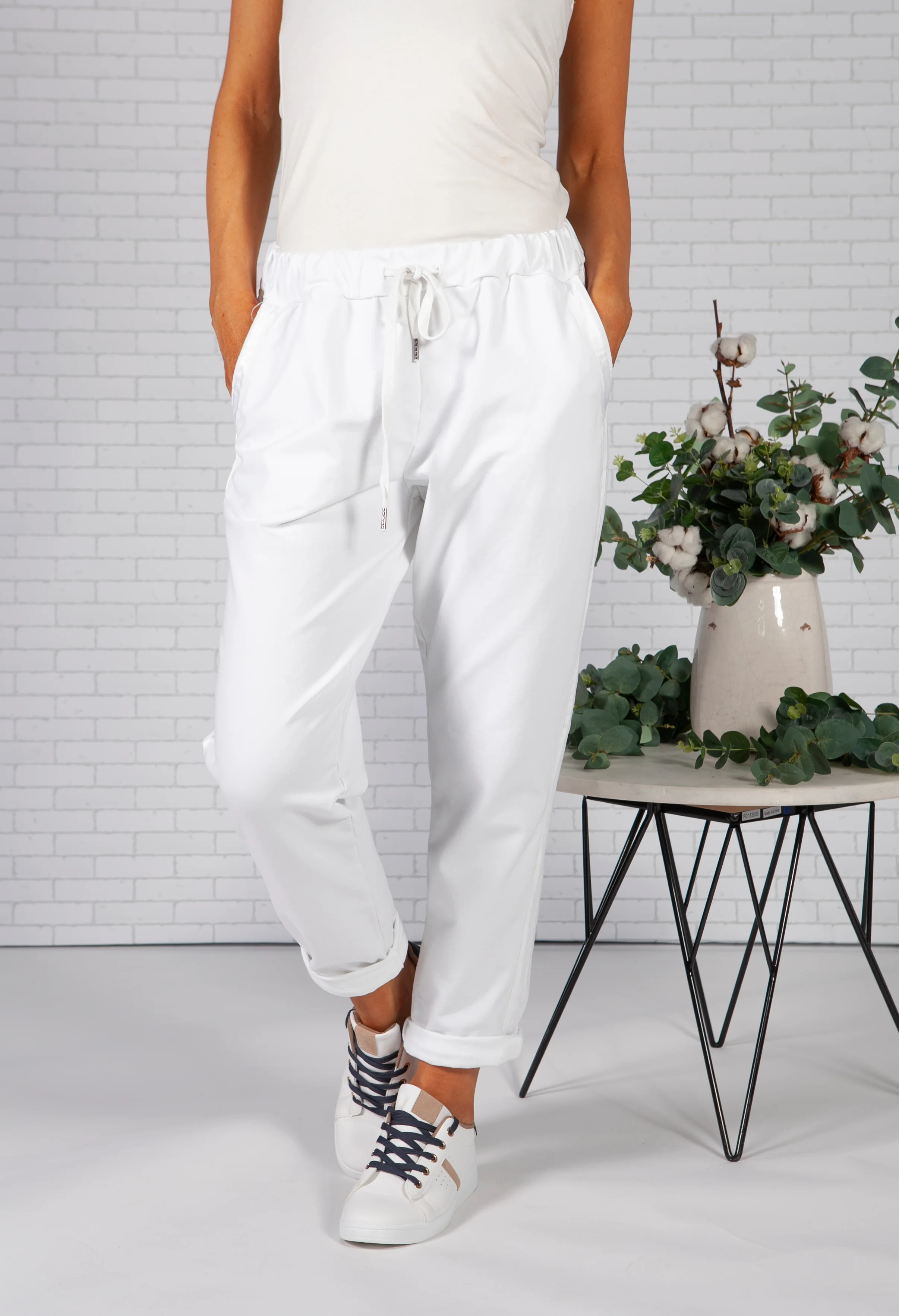 White Joggers with Satin Detail Side Stripe