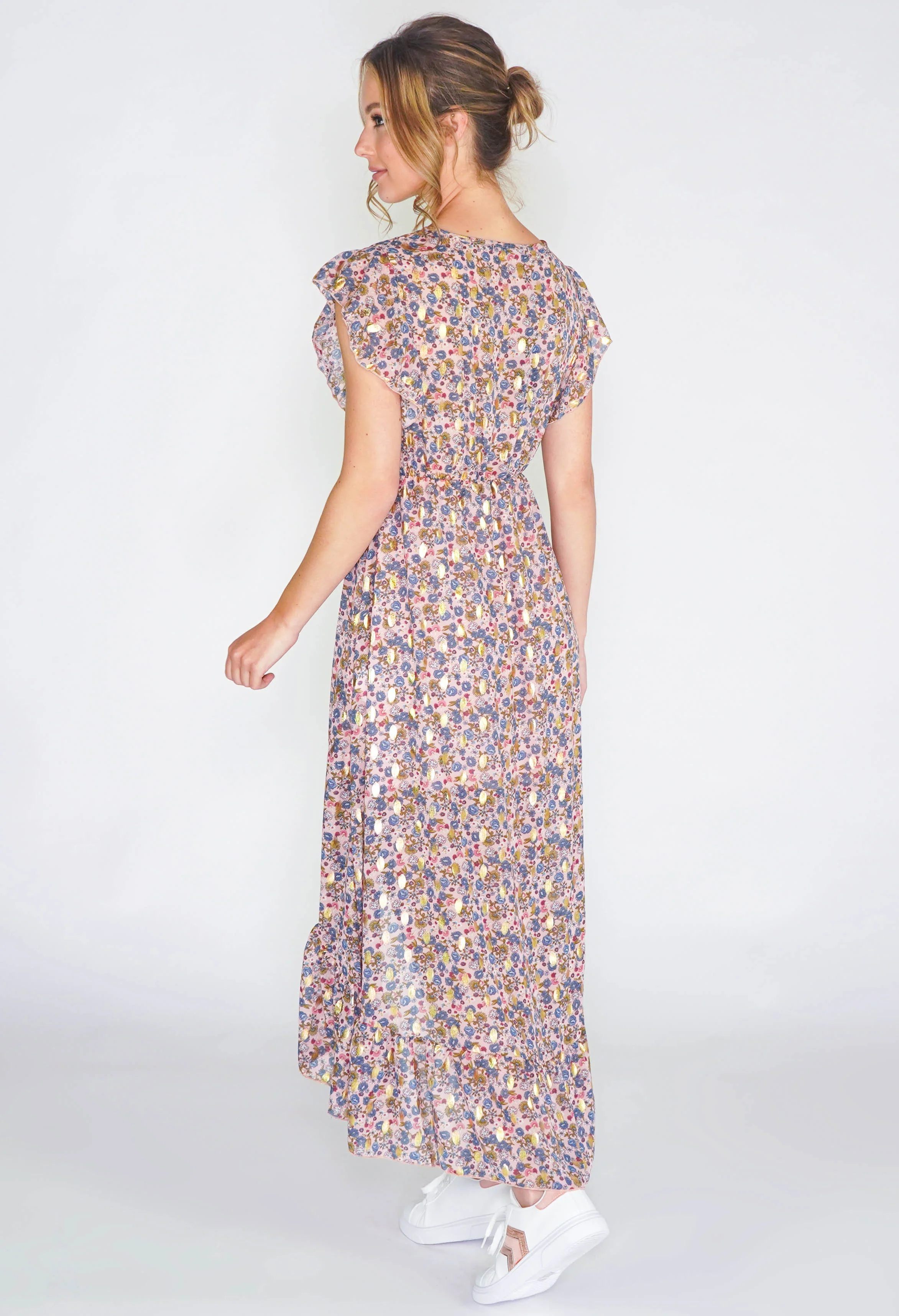 Floral high low dress with foil detail in pink