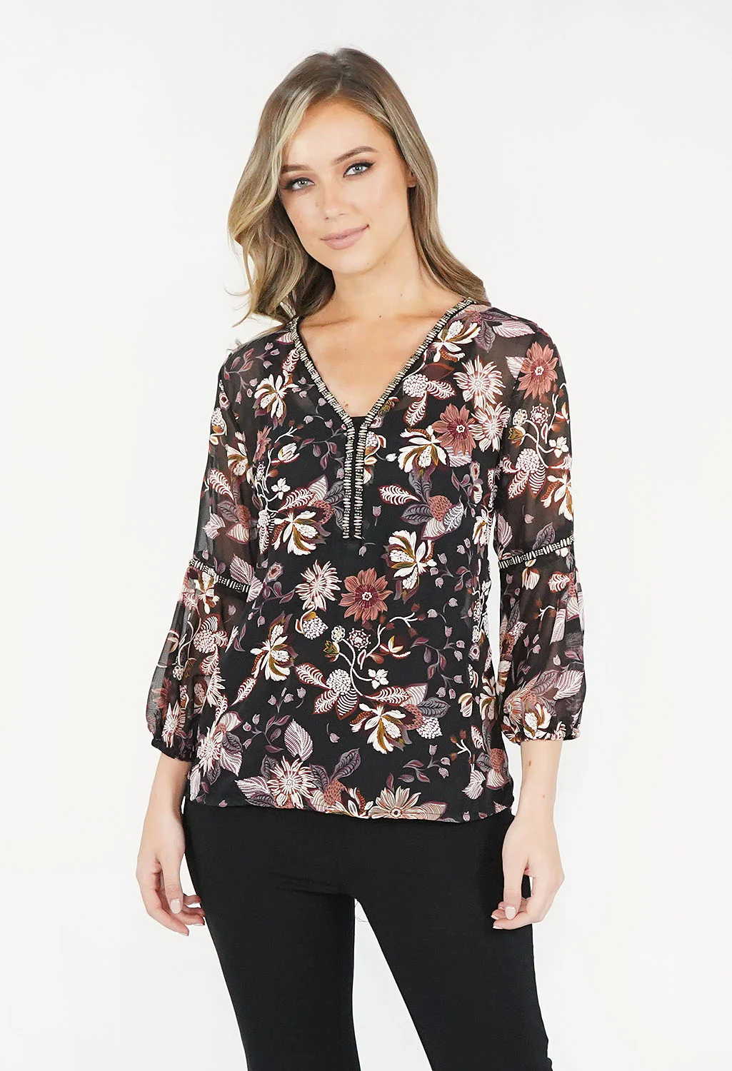Fushia Floral Print Bead Detail Top