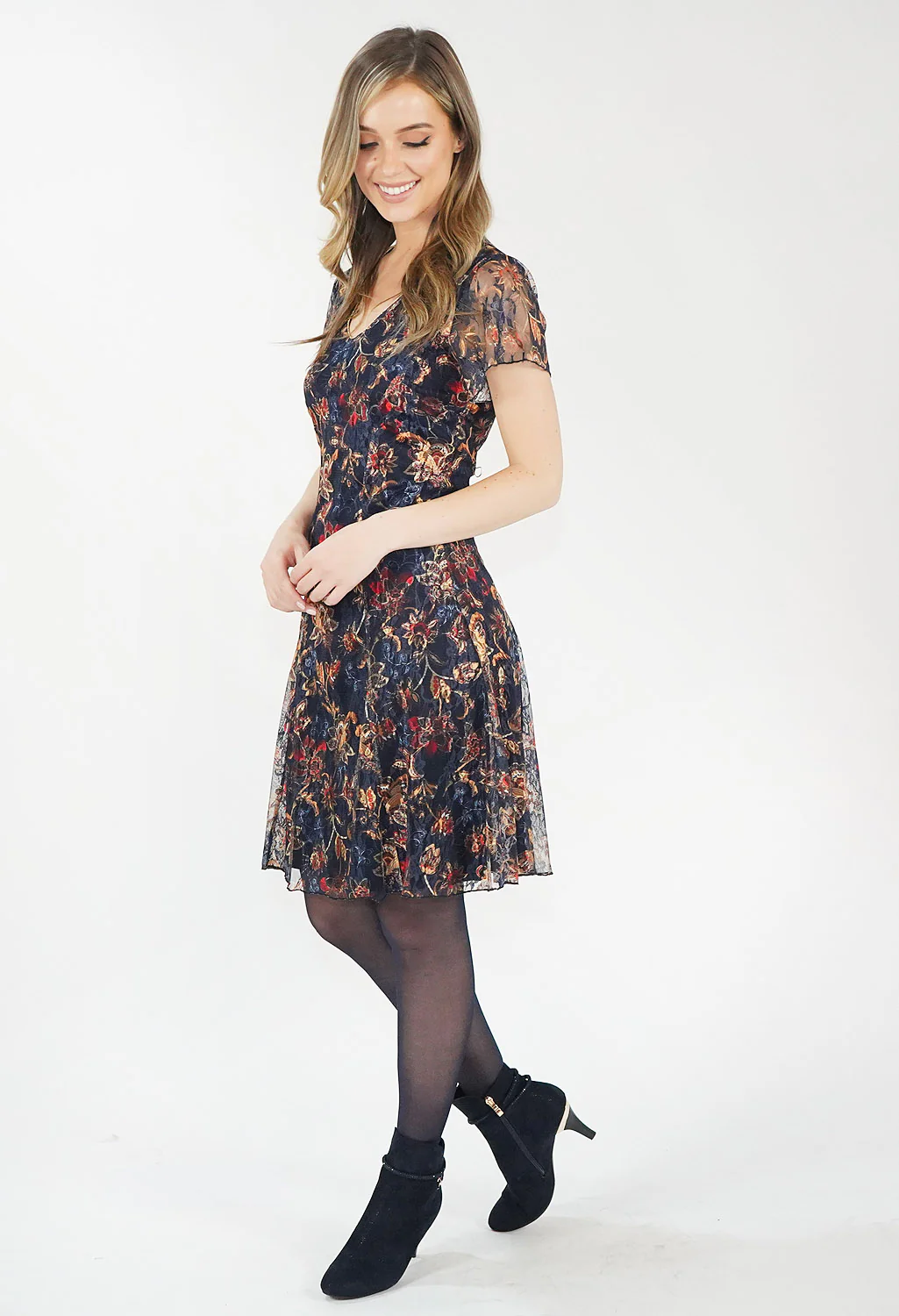 Navy Lace Sleeve Detail V Neck Dress