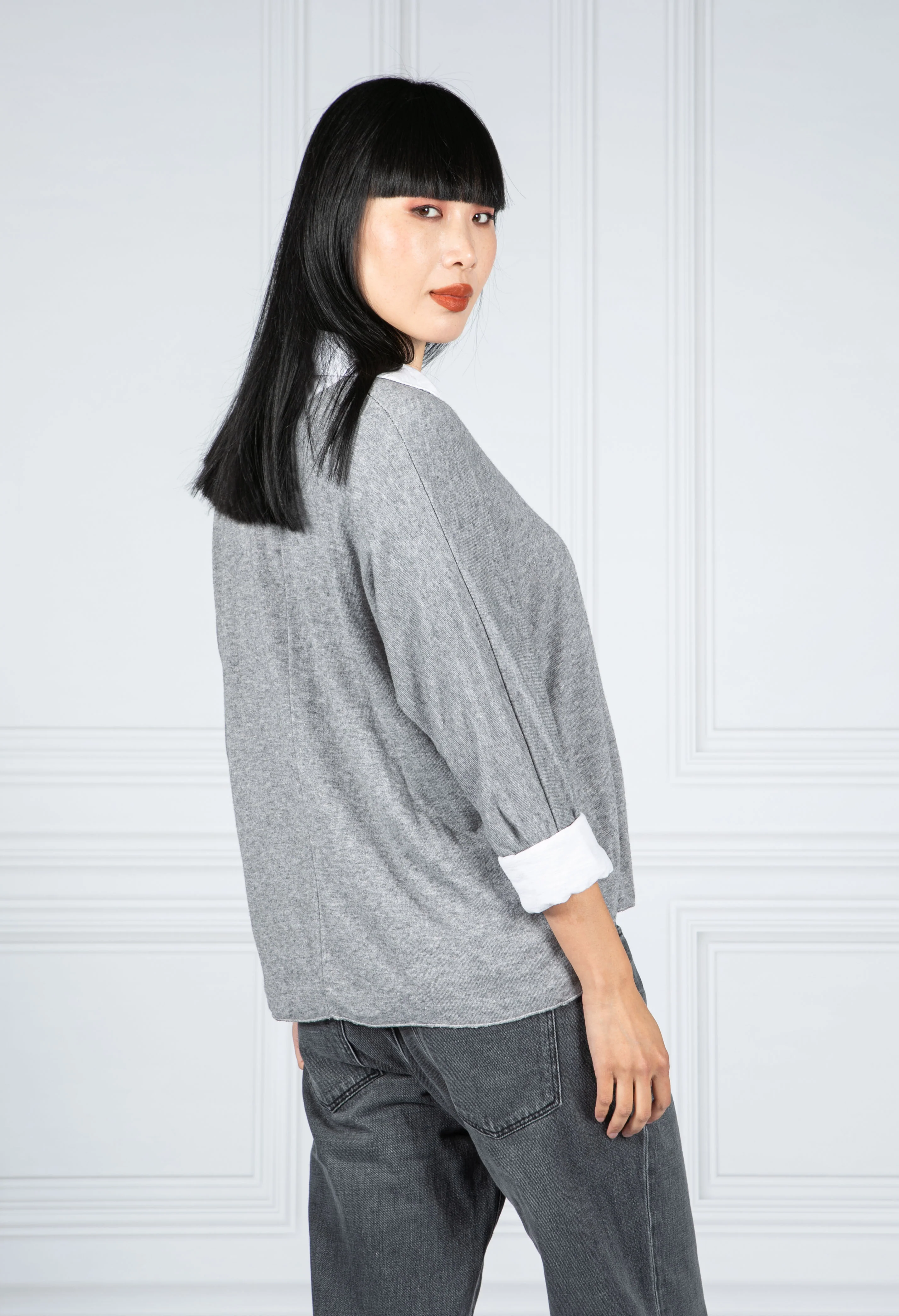 V NECK JUMPER WITH SHIRT DETAIL IN GREY