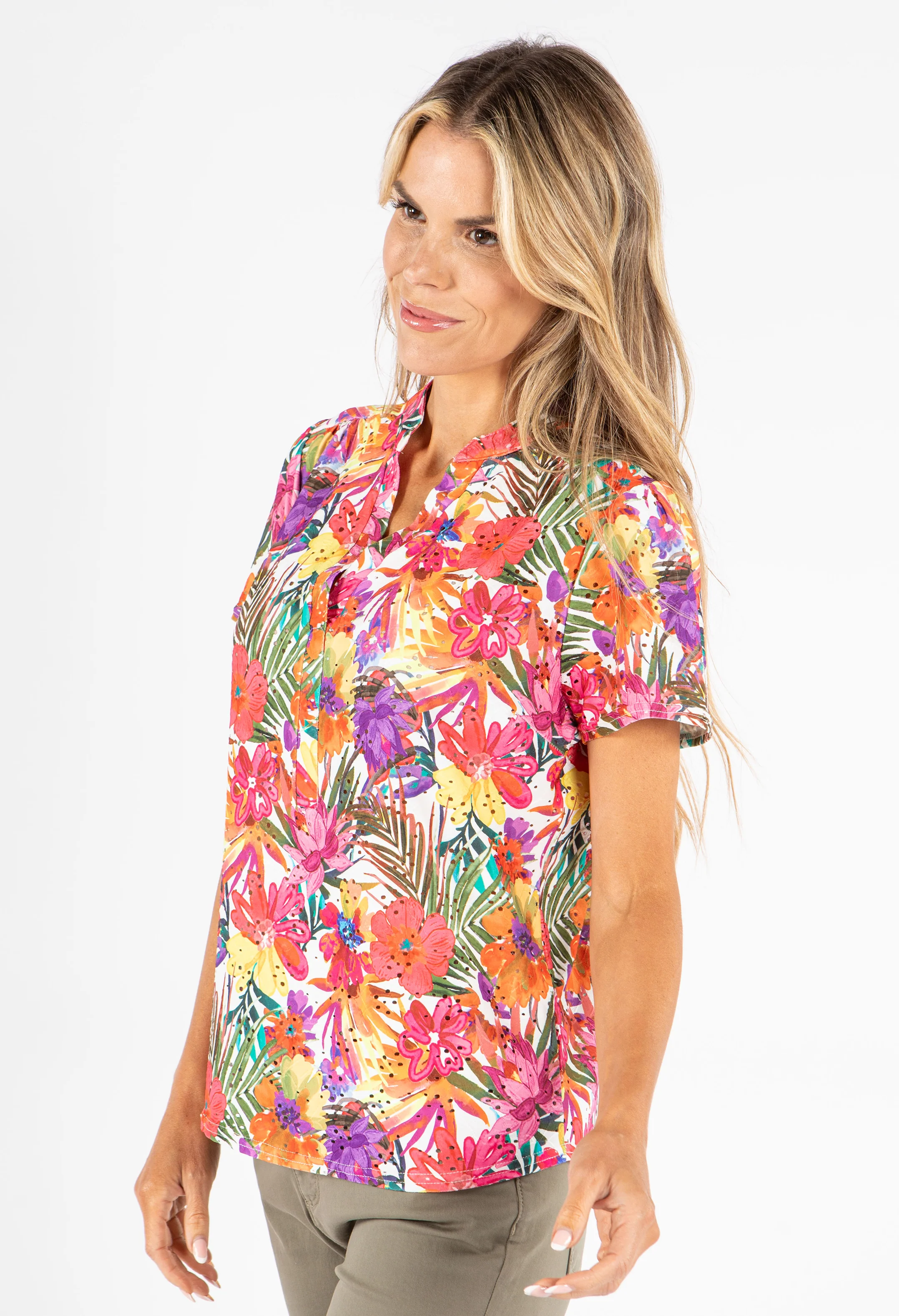 Crochet Detail Floral Print V-Neck Top