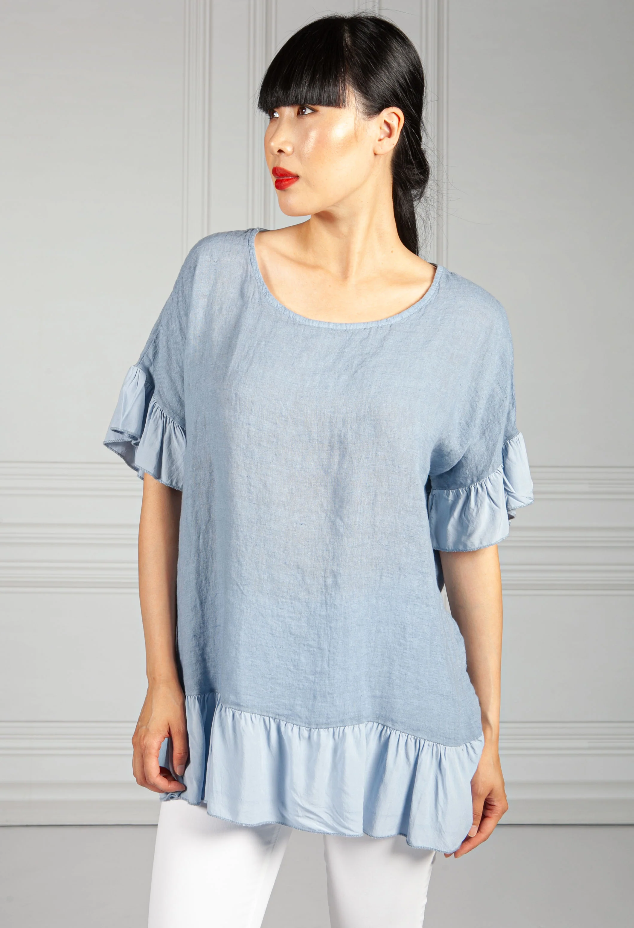 Ruffle Detail Linen Blouse in Blue