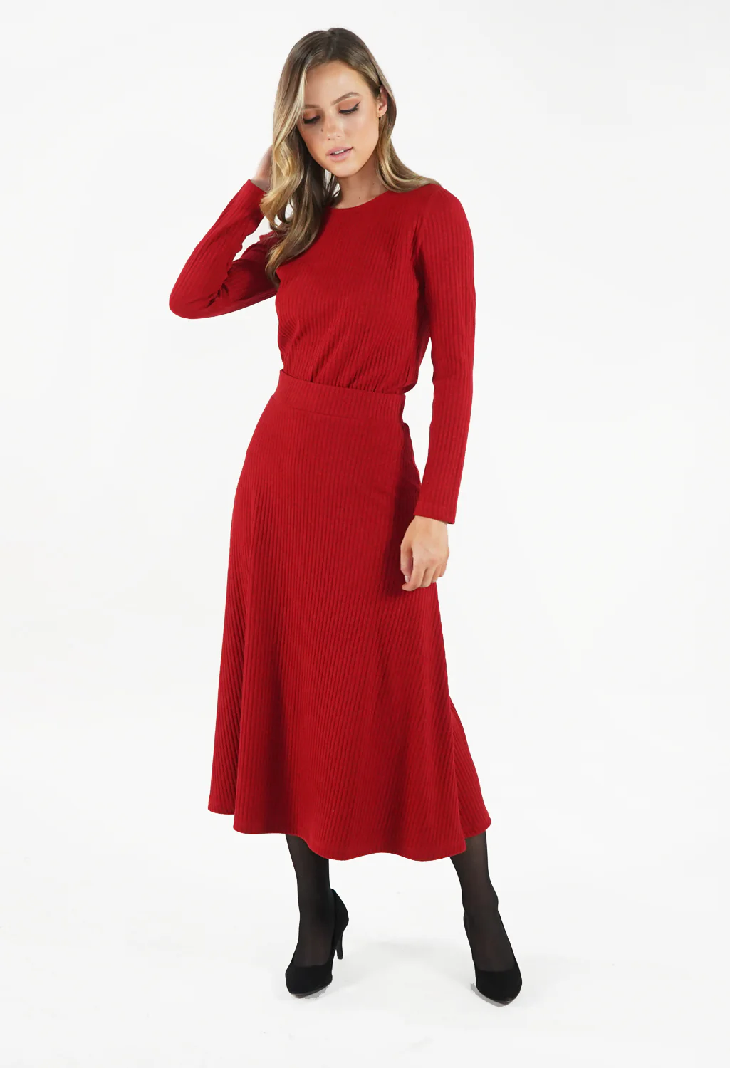 Rust Ribbed Knit Midi Skirt