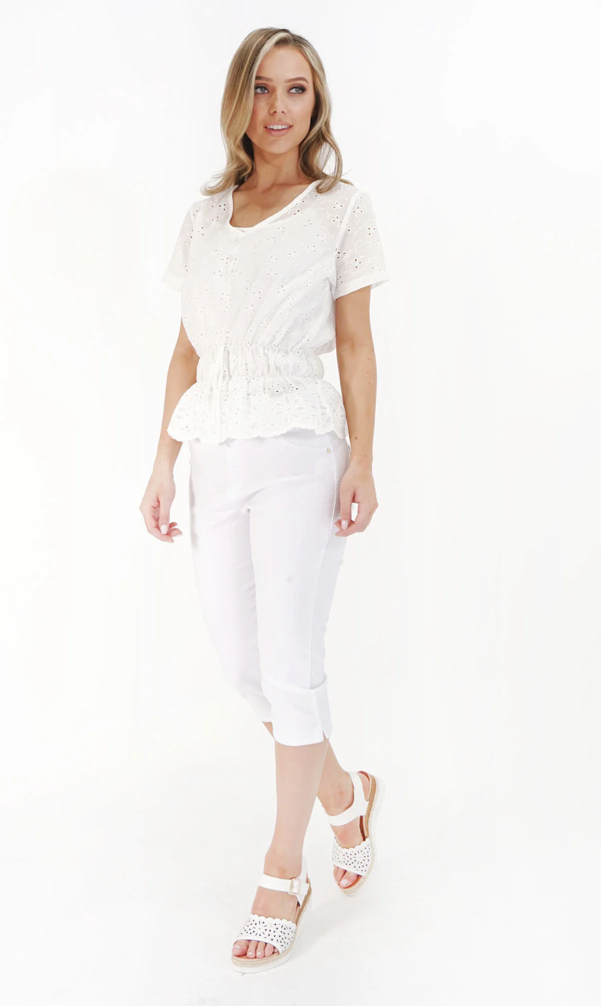 White Elastic Waist 3/4 Denim Trousers