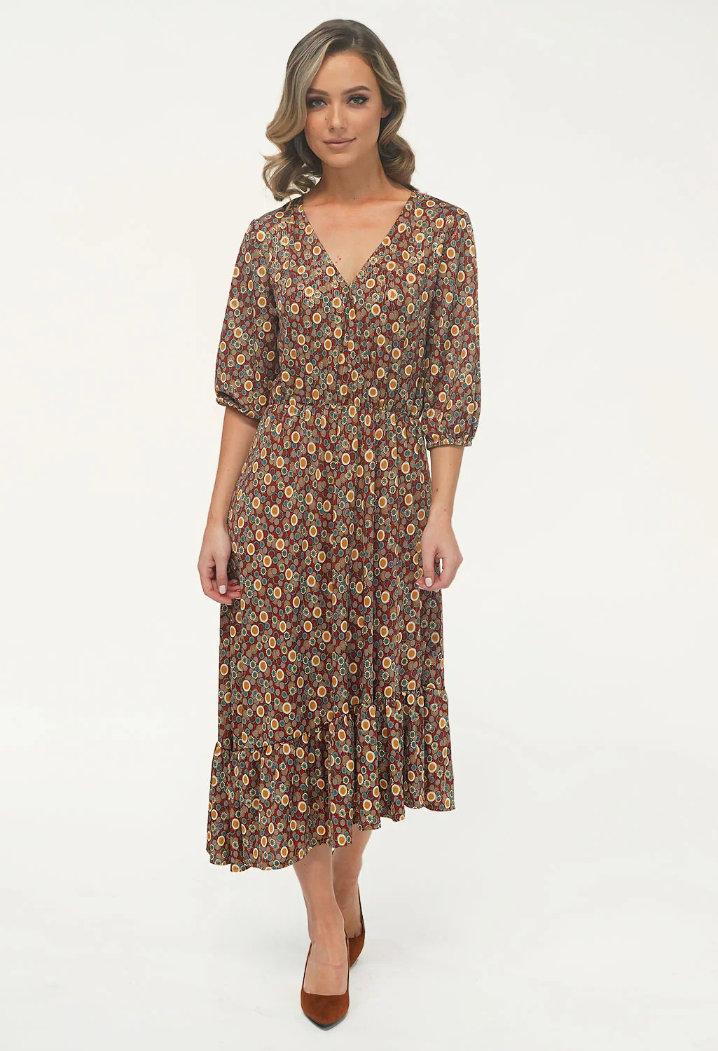 Rust/Gold Pattern Asymmetric Midi Dress