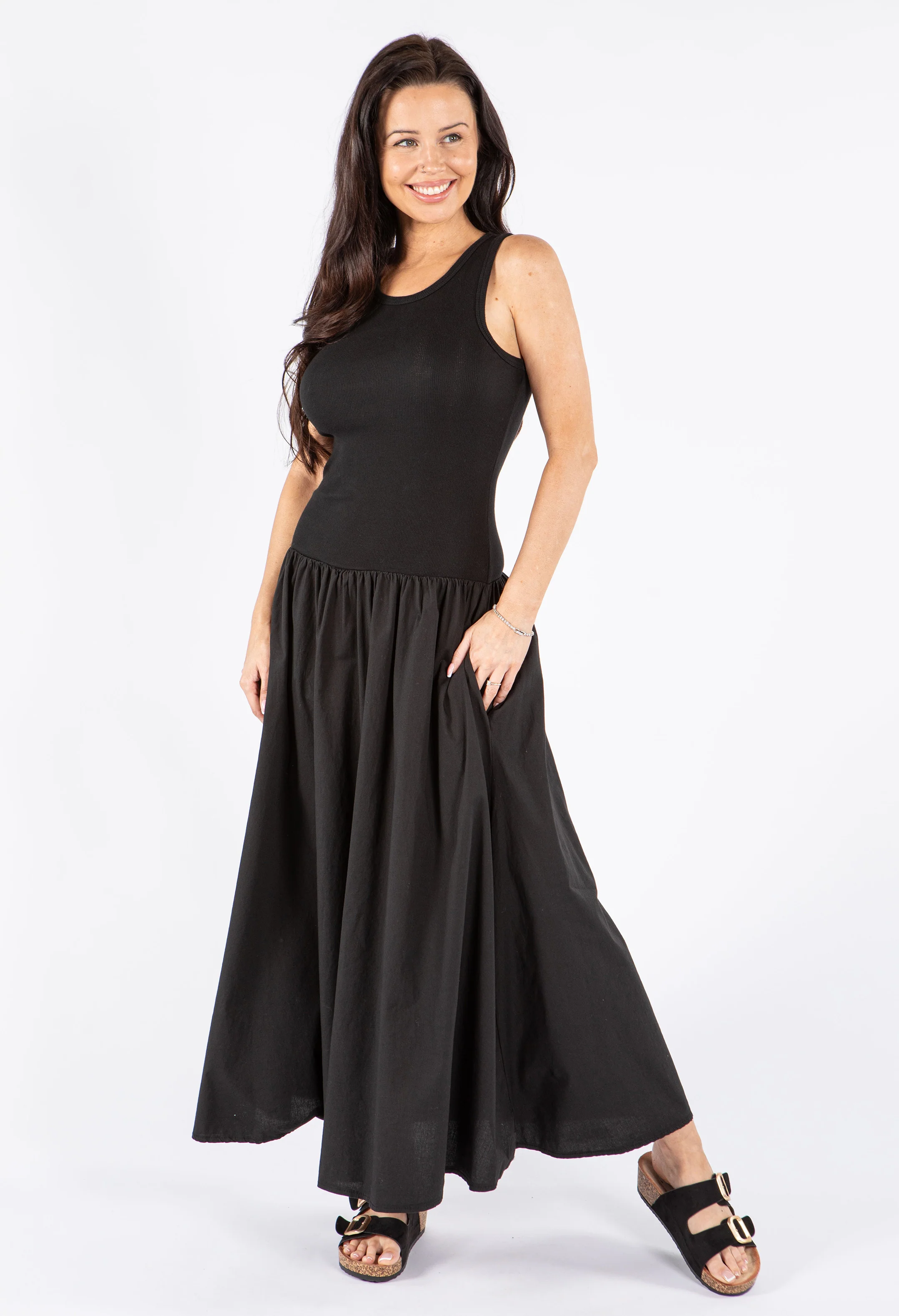 Ribbed Bodice Sleeveless Maxi Dress