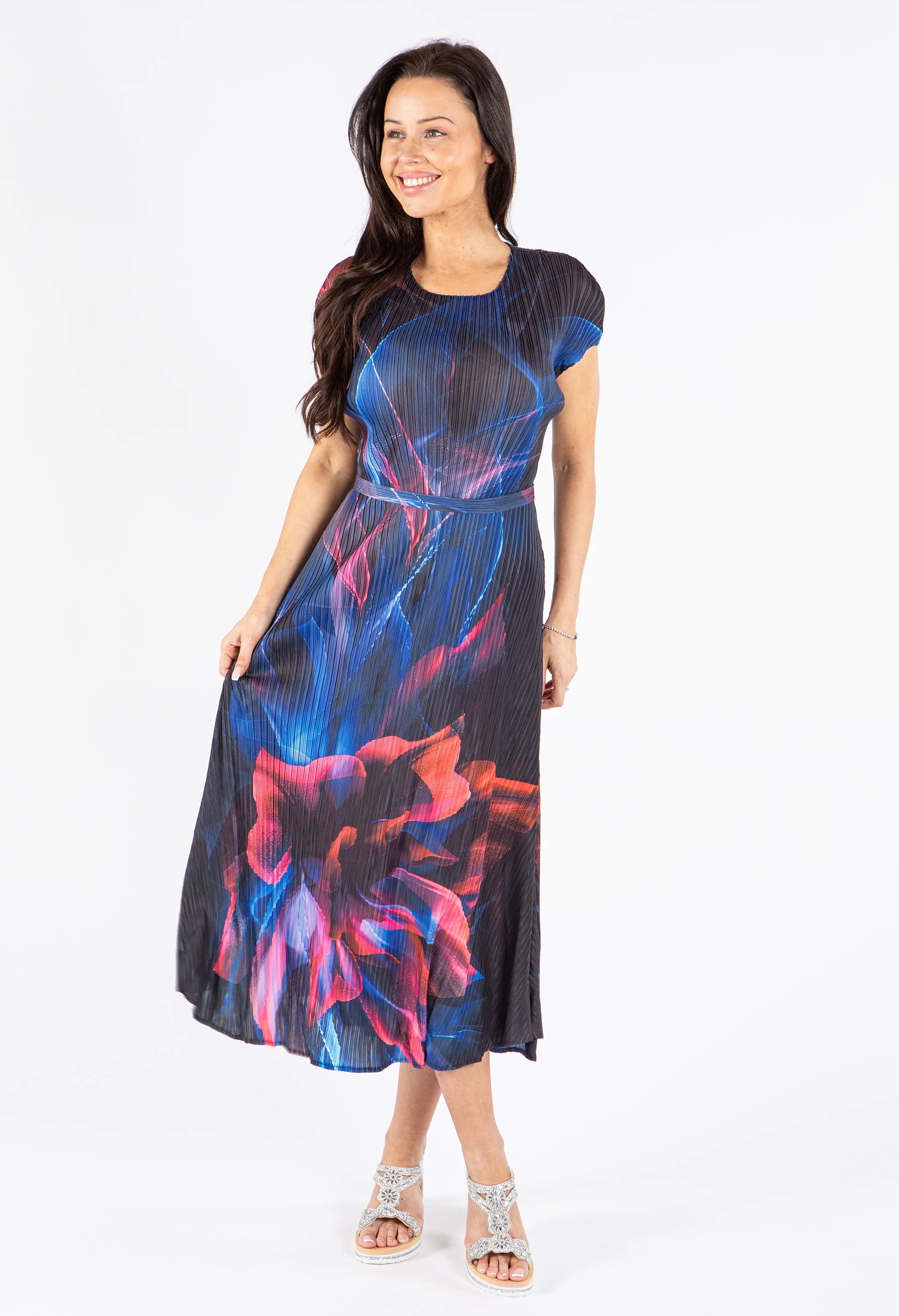 Pleated Abstract Print Midi Dress