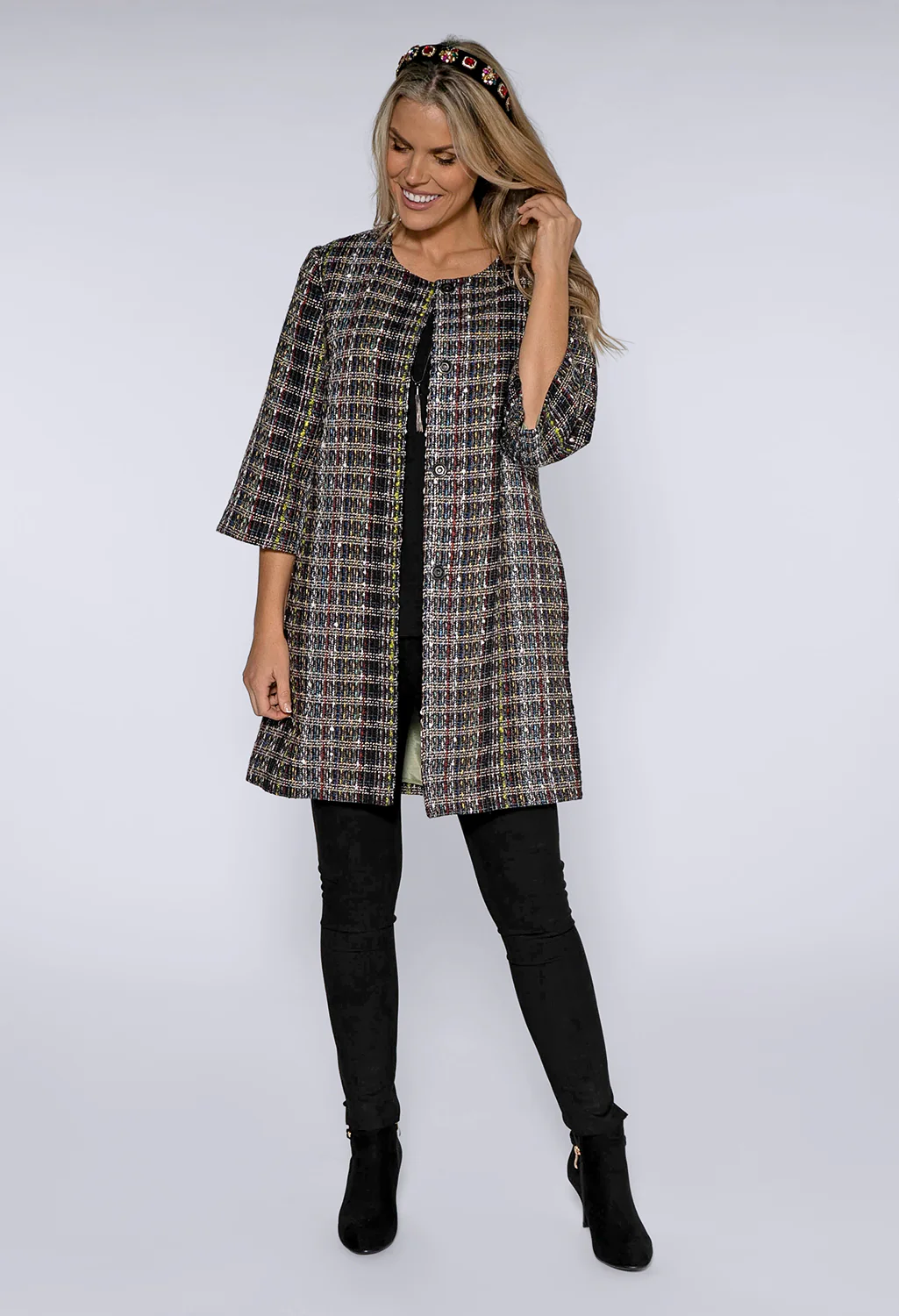 Black Rocha Lux Tweed Long Jacket with Gold Lining