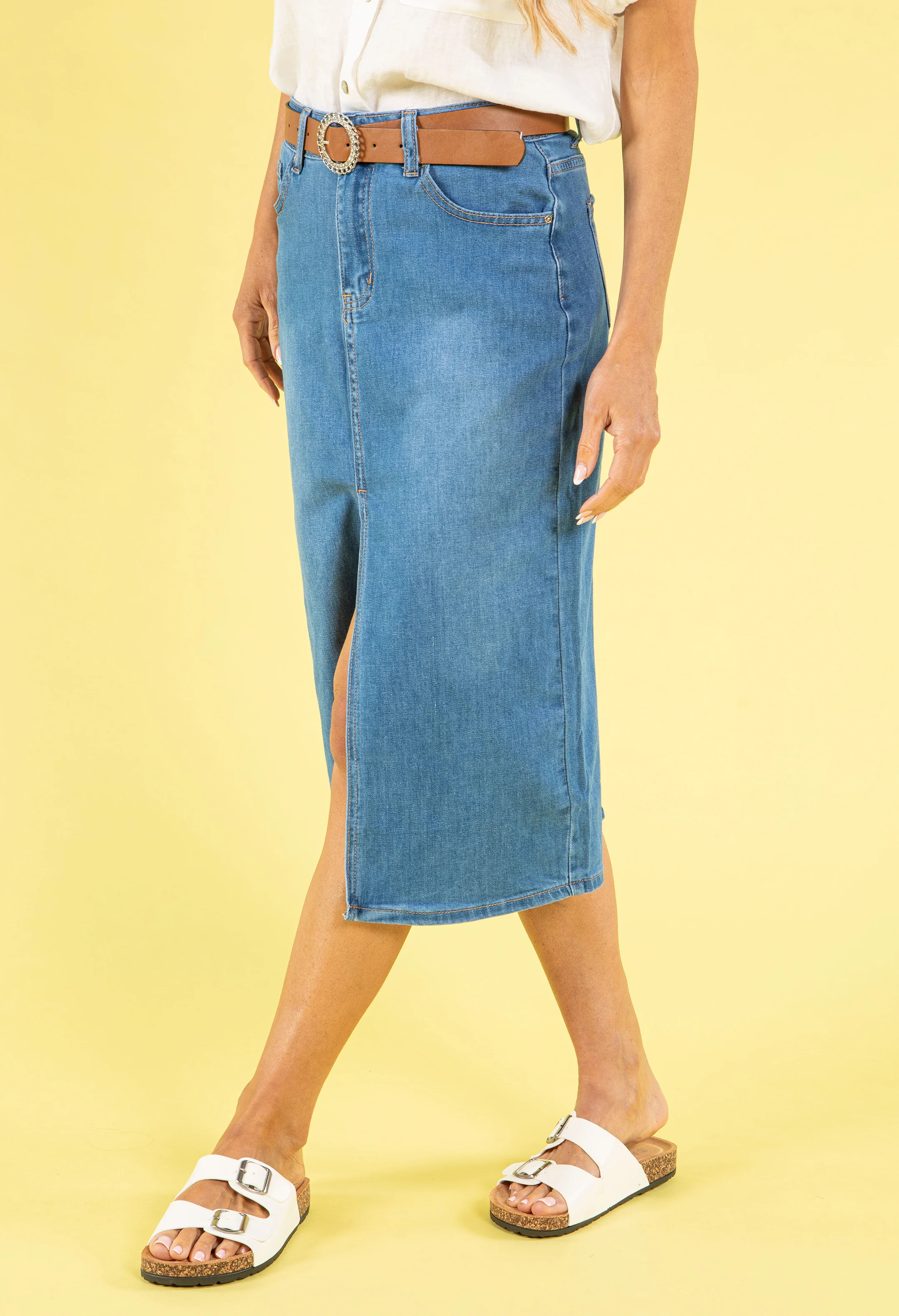 Belted Denim Midi Skirt